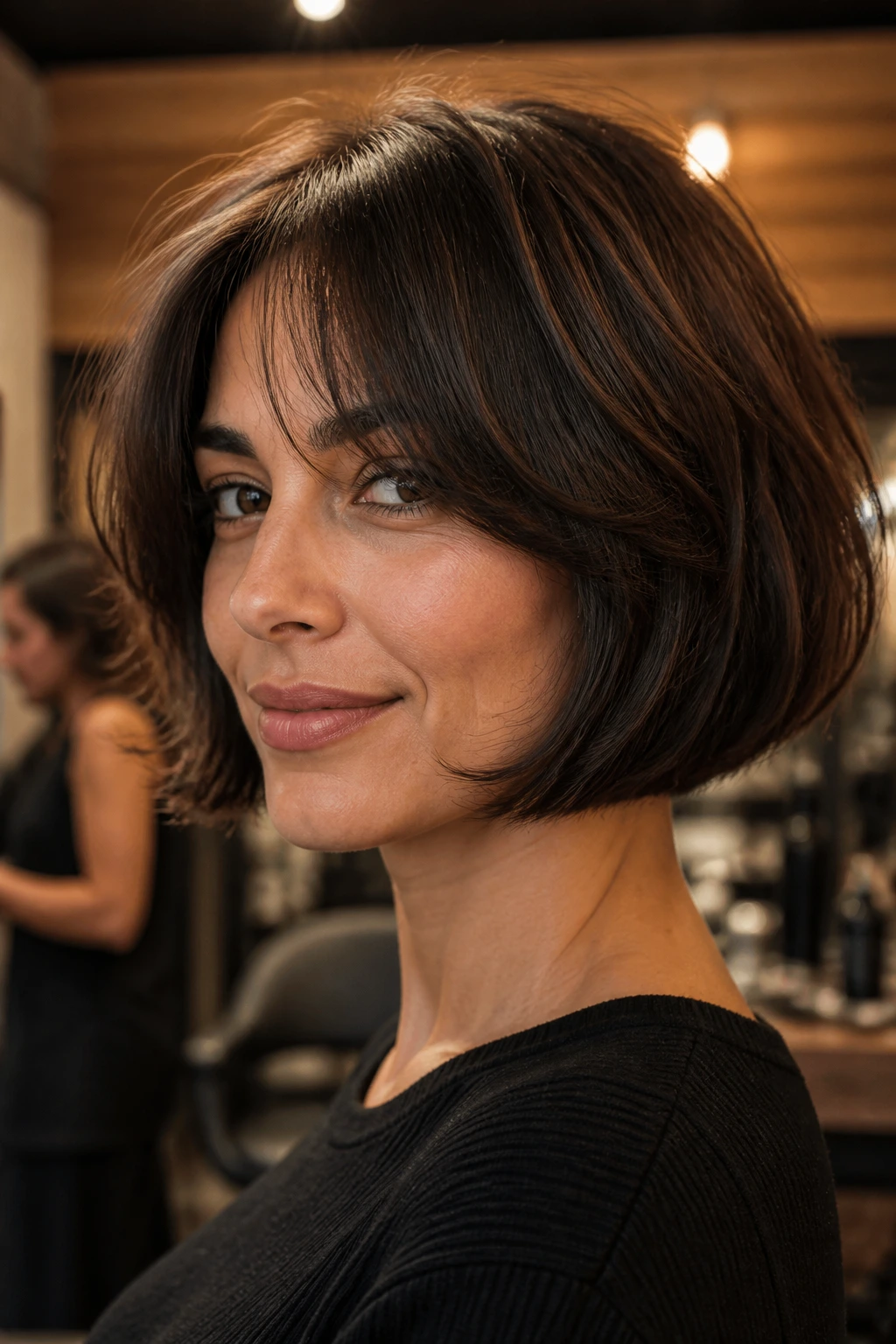 Close-up of a woman with a thick-hair French bob showing inner layers