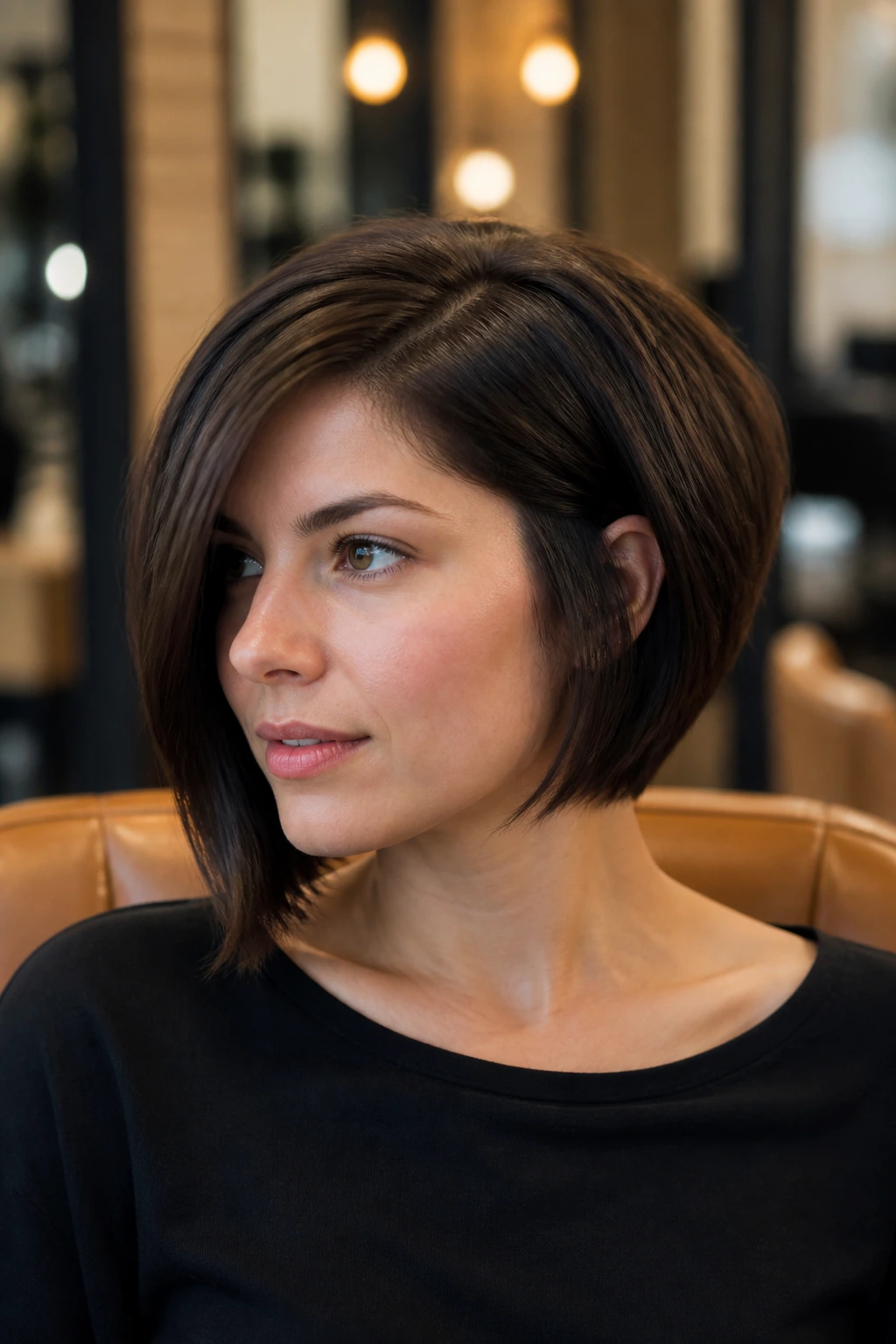 Close-up portrait of a real woman with Thick-Hair Weight-Removed Bob showing inner weight removal and angle