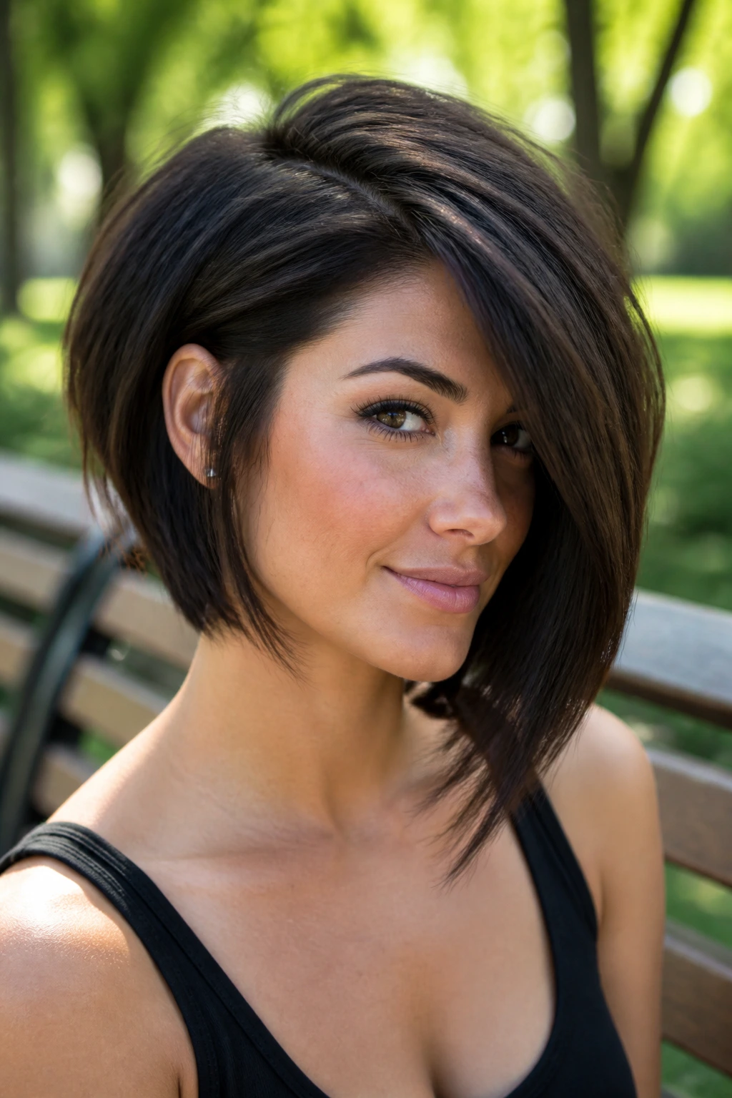 Portrait of a real woman with thick asymmetrical bob in sunny daylight.