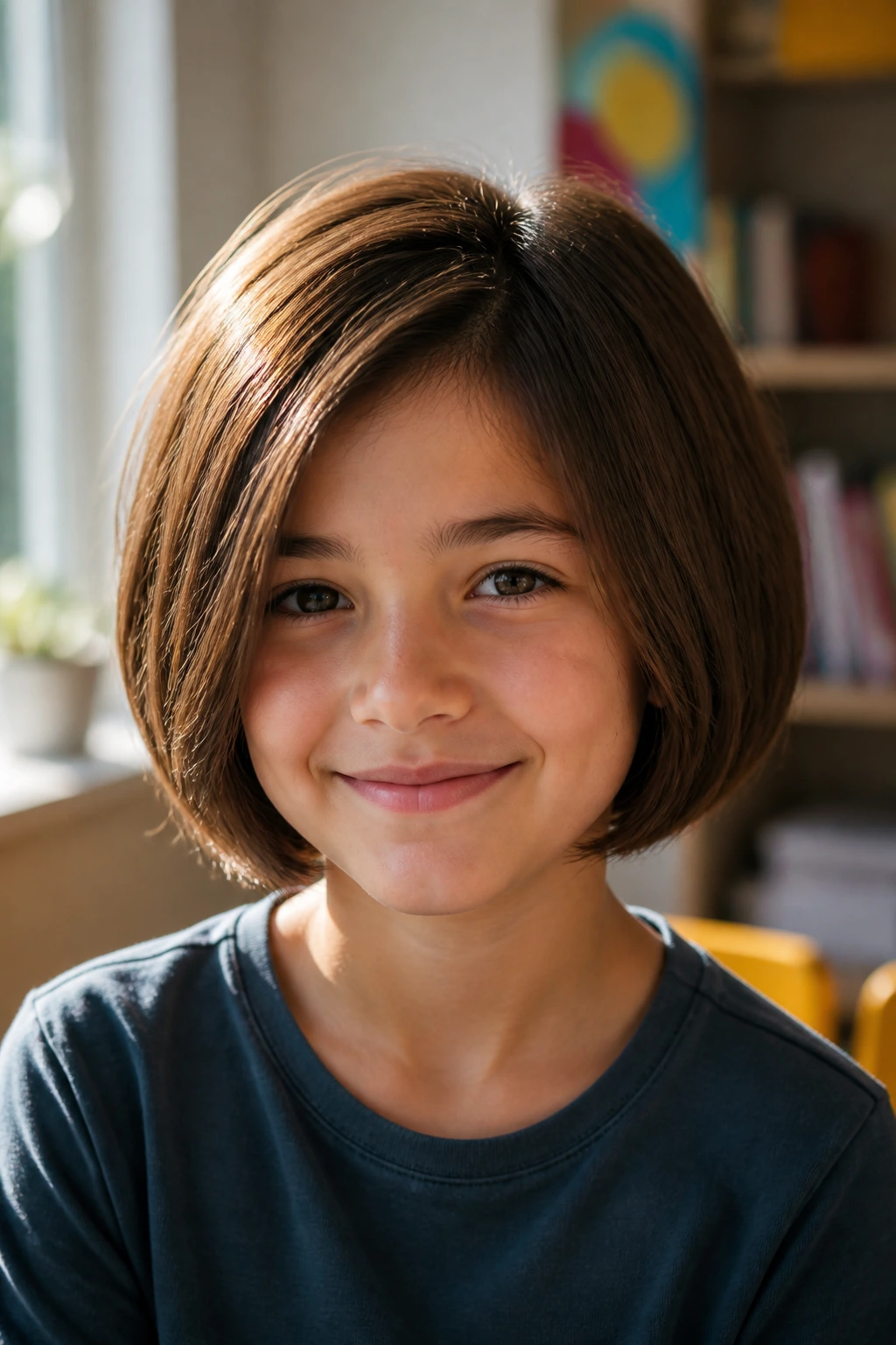 Close-up of a real child with a thick, well-balanced bob in a classroom setting