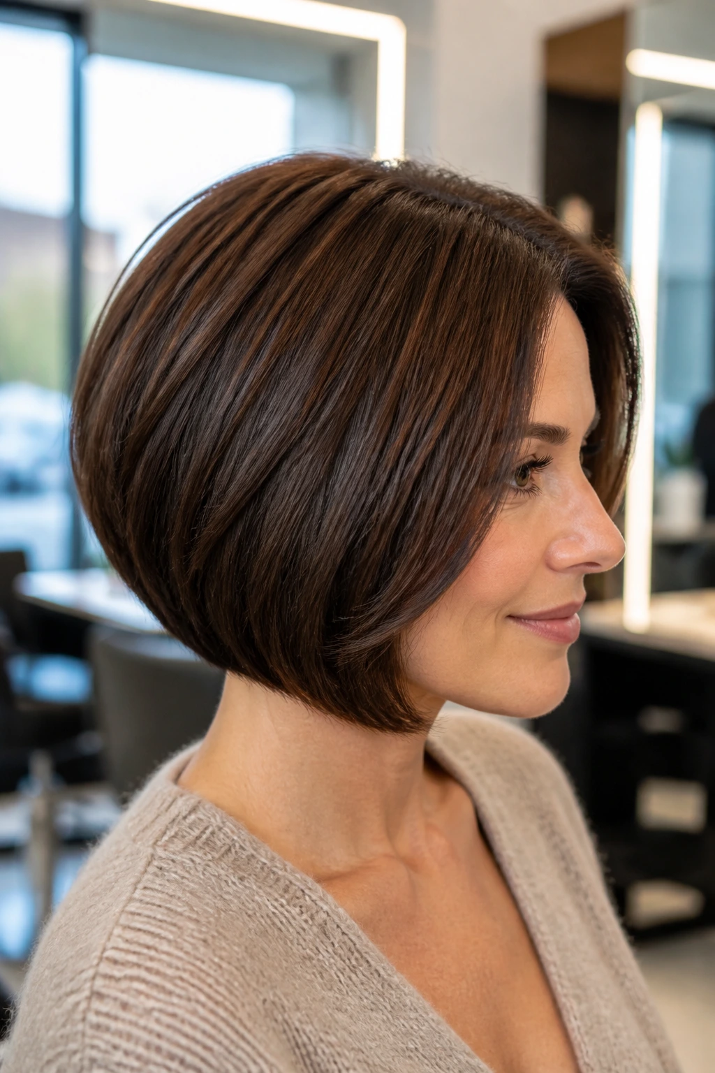 Close-up of a real woman with a thick bob showcasing a clean jaw-length shape in a salon.
