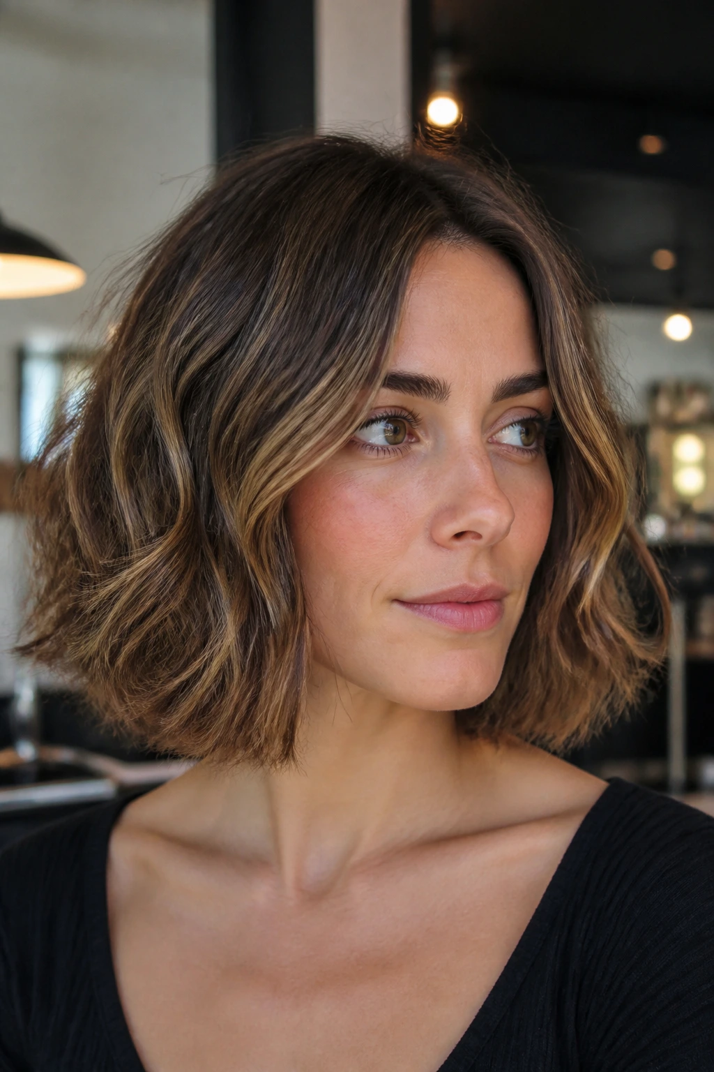 Close-up of a real woman with a thick bob showing interior debulking under warm salon light