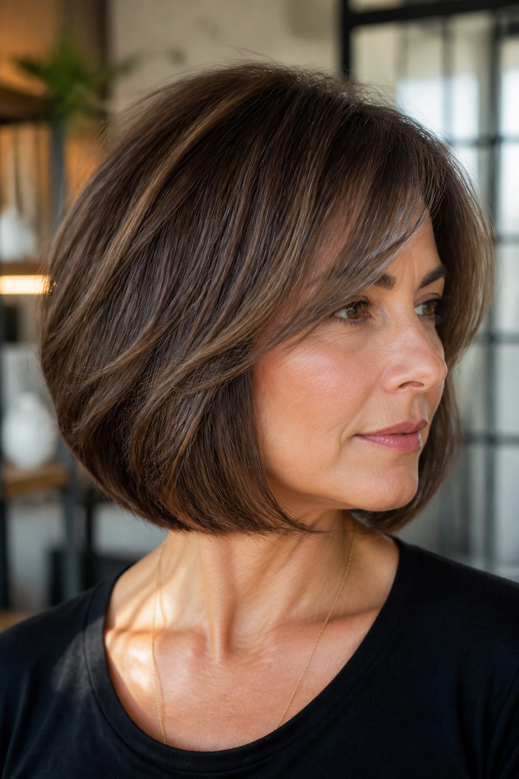 Close-up of a real woman with a thick-hair bob and side fringe.