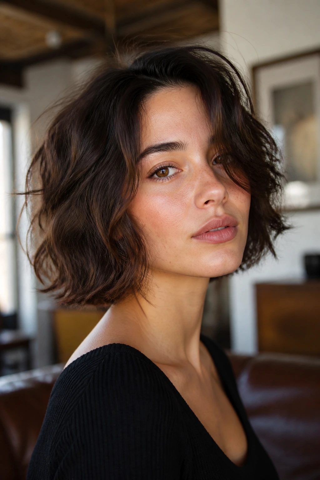 Close-up portrait of a real person with a tousled Italian bob for thick hair, warm natural light