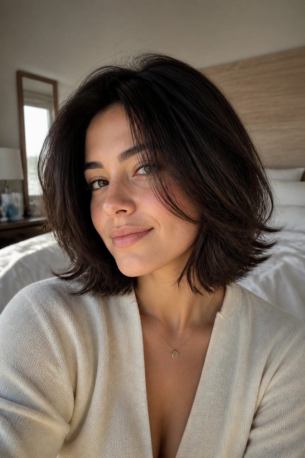 Close-up portrait of a real woman with a thick medium layered bob styled at home