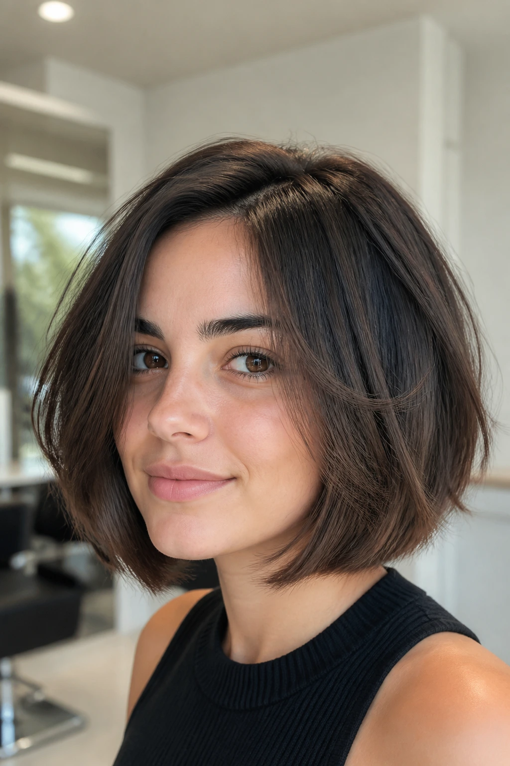 Real woman with thick-hair bob showing weight-removing layers