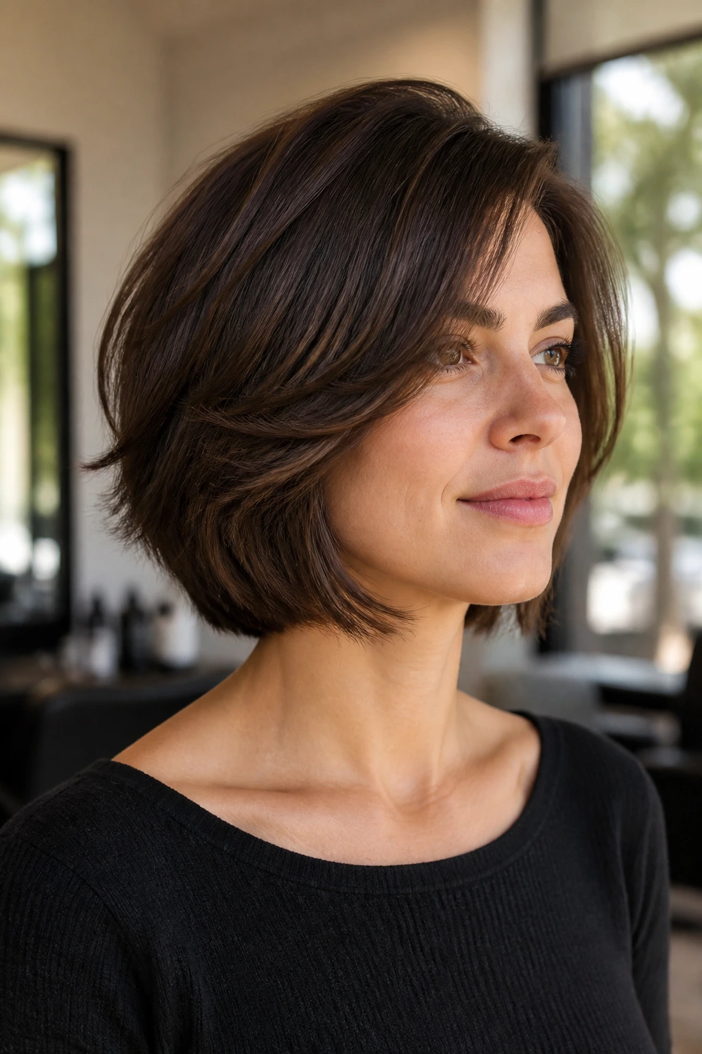 Close-up portrait of a real woman with a thick medium layered bob showing a clean perimeter that stays put