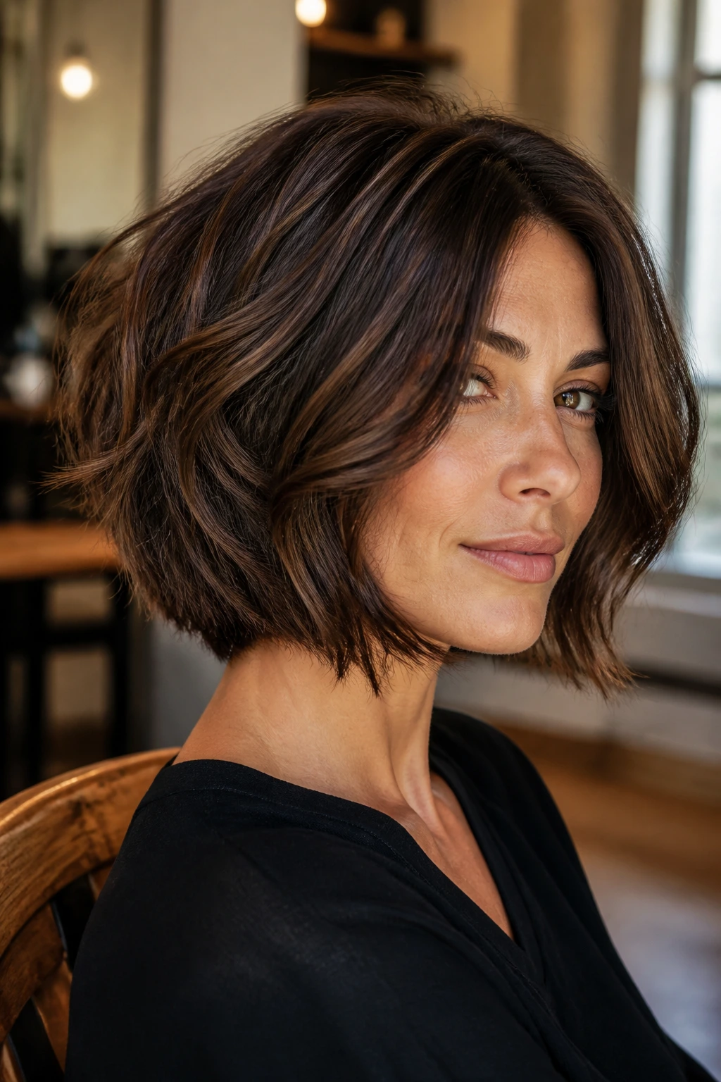 Close-up portrait of a real woman with a textured choppy bob showing movement in a warm salon setting
