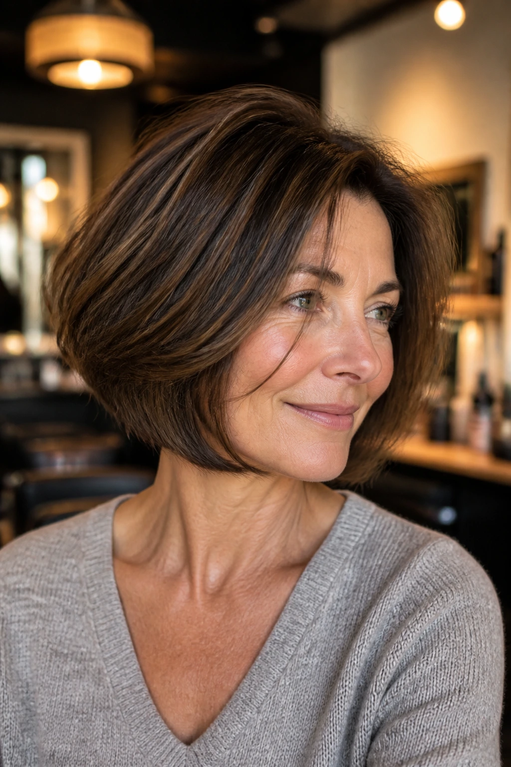 Real woman with thick hair in a bob showing weight distribution near jaw