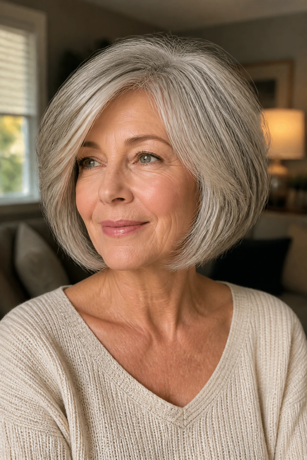Older woman with a thick-hair bob, close-up portrait highlighting a face-framing silhouette