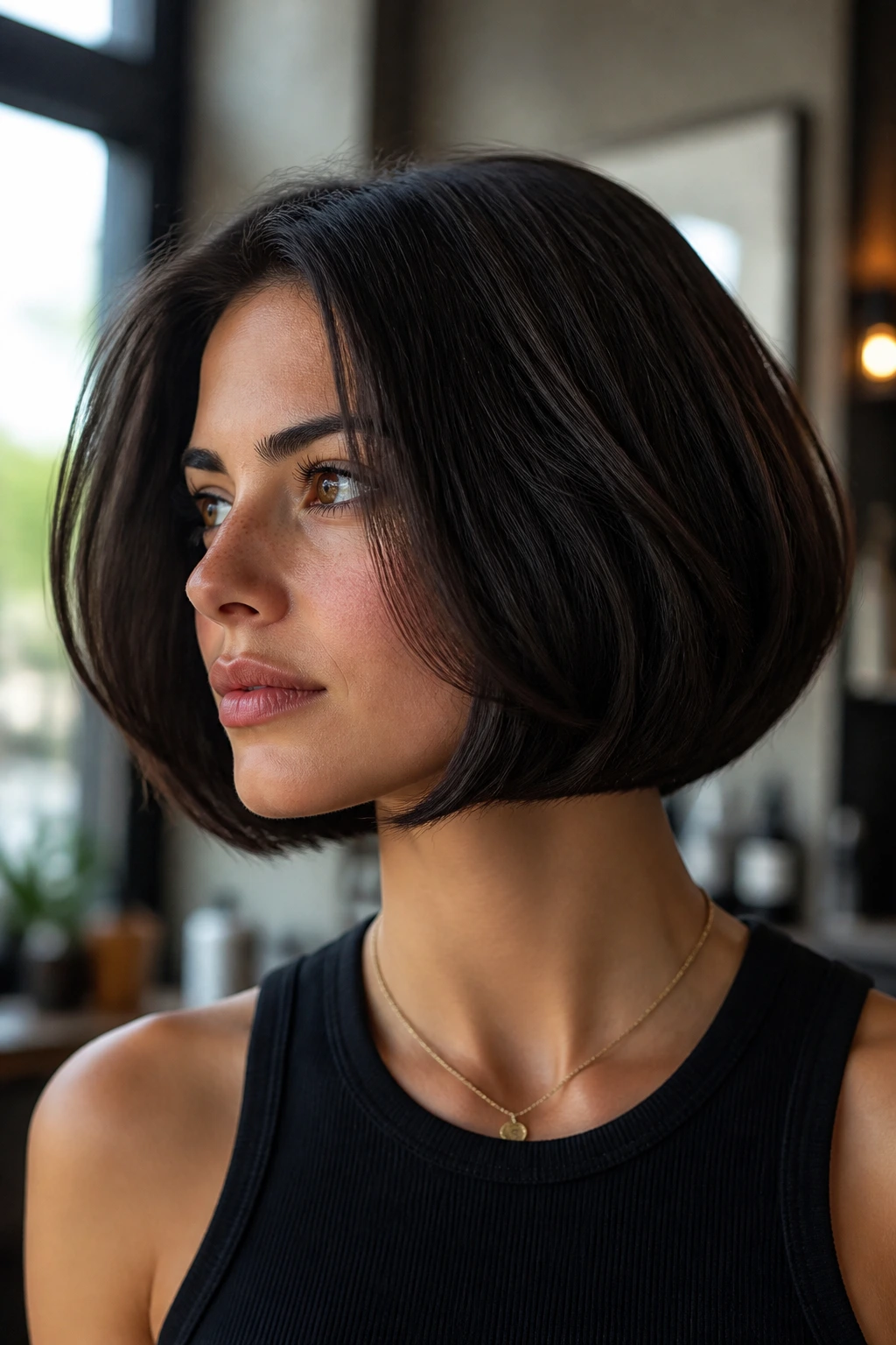 Close-up portrait of a real person with a thick dense bob showing strong bottom perimeter in natural salon lighting