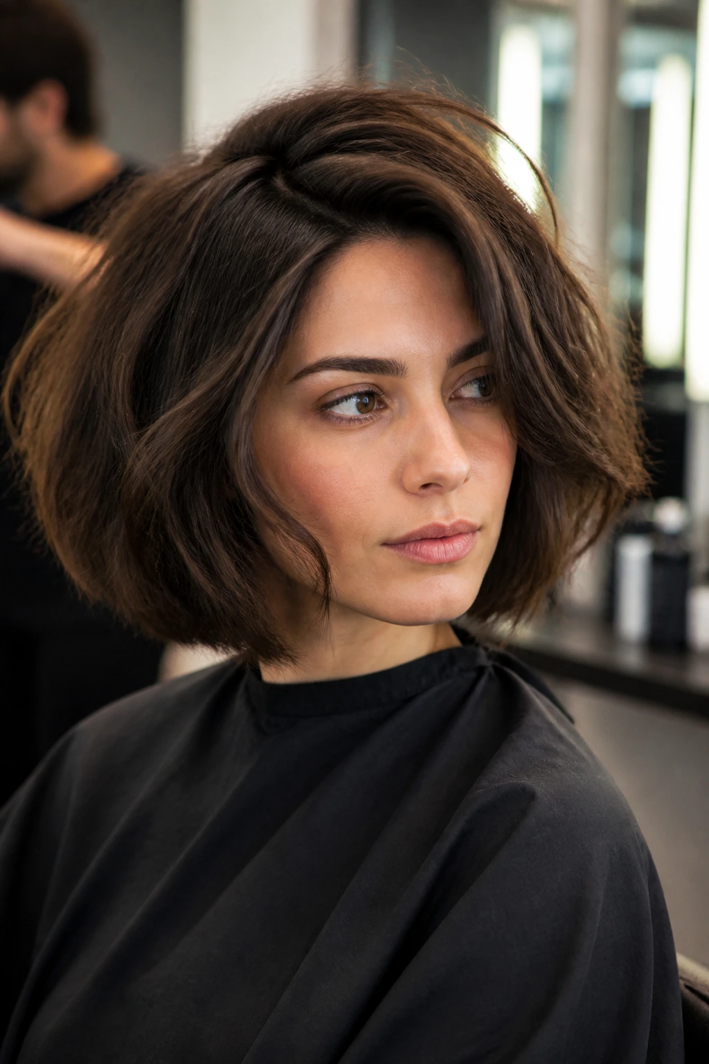 Portrait of a person with thick hair in a salon highlighting density and texture