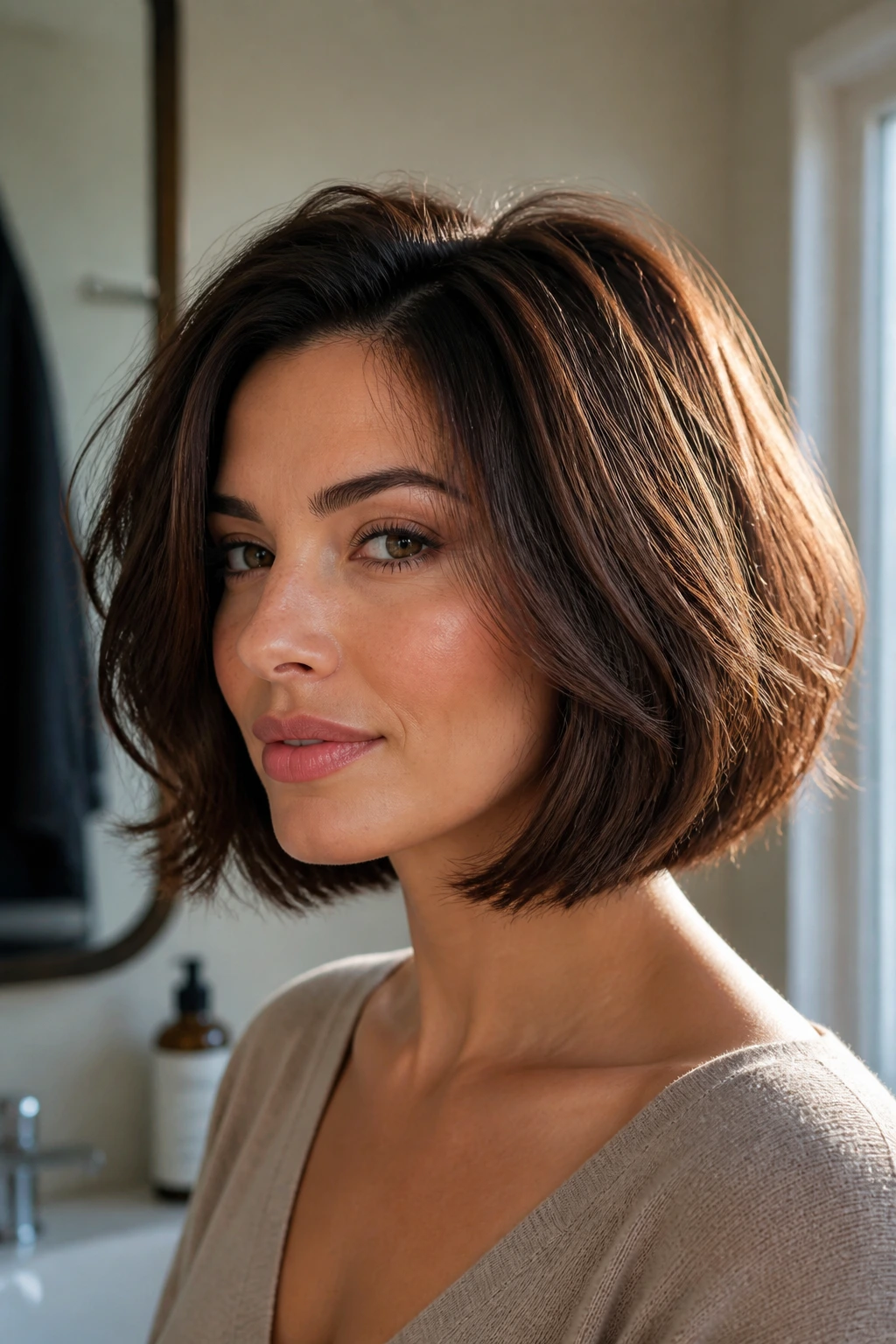 Real woman with a thick, well-shaped bob in warm bathroom lighting