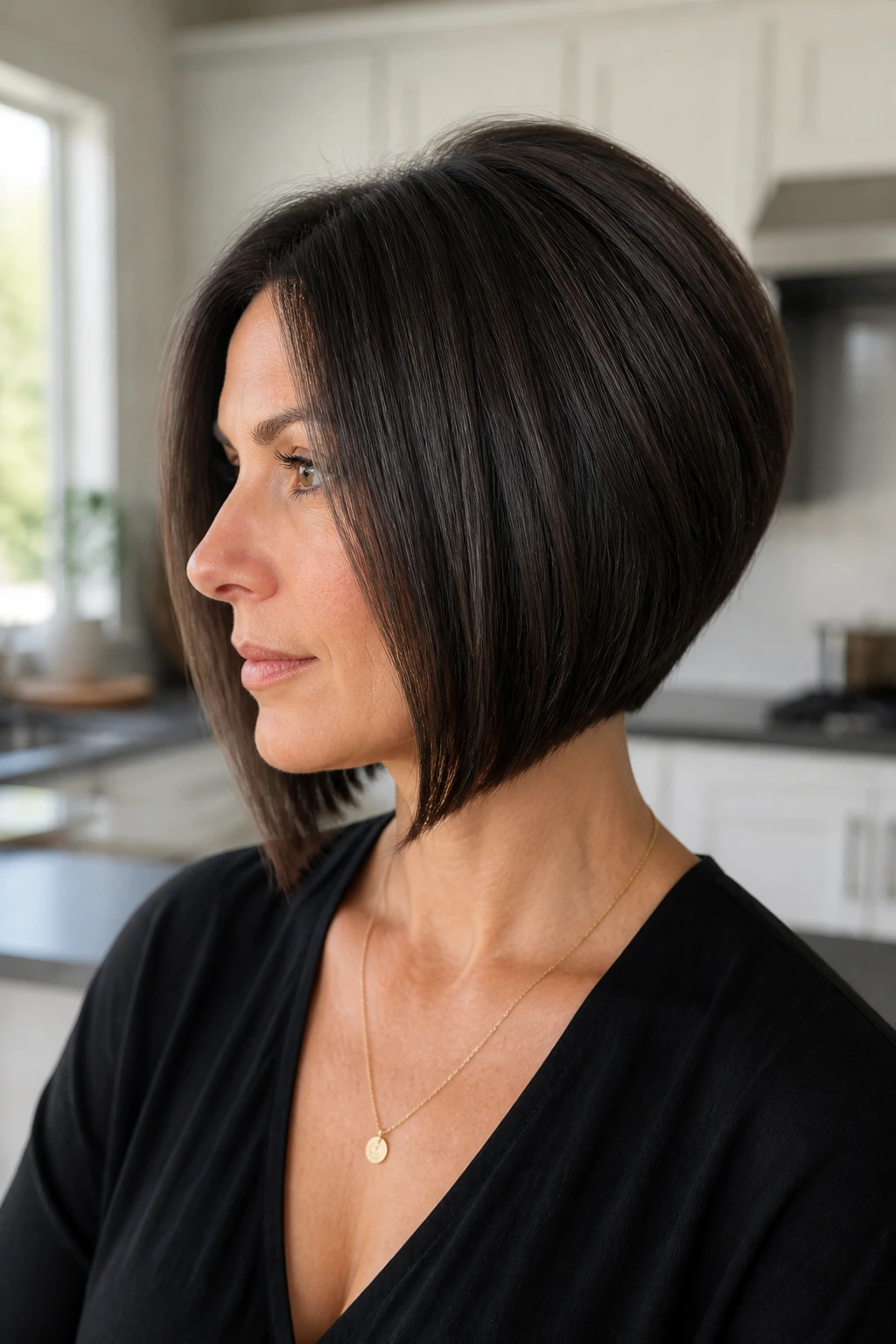 Close-up of real woman with thick asymmetrical bob showing hidden weight removal on the inside