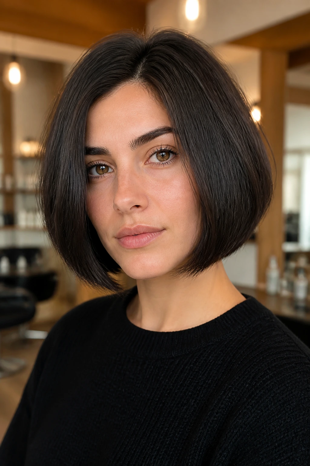 Close-up portrait of a real woman with a thick bob hugging the jaw.