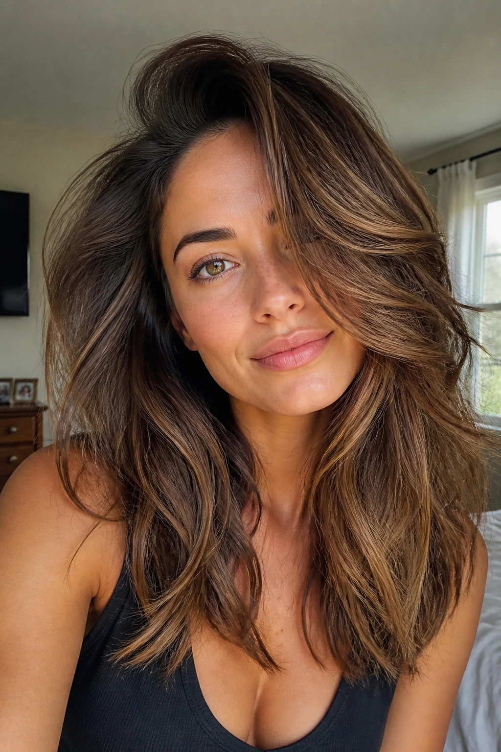 Close-up portrait of a real person with thick, voluminous hair showing strong body in natural window light