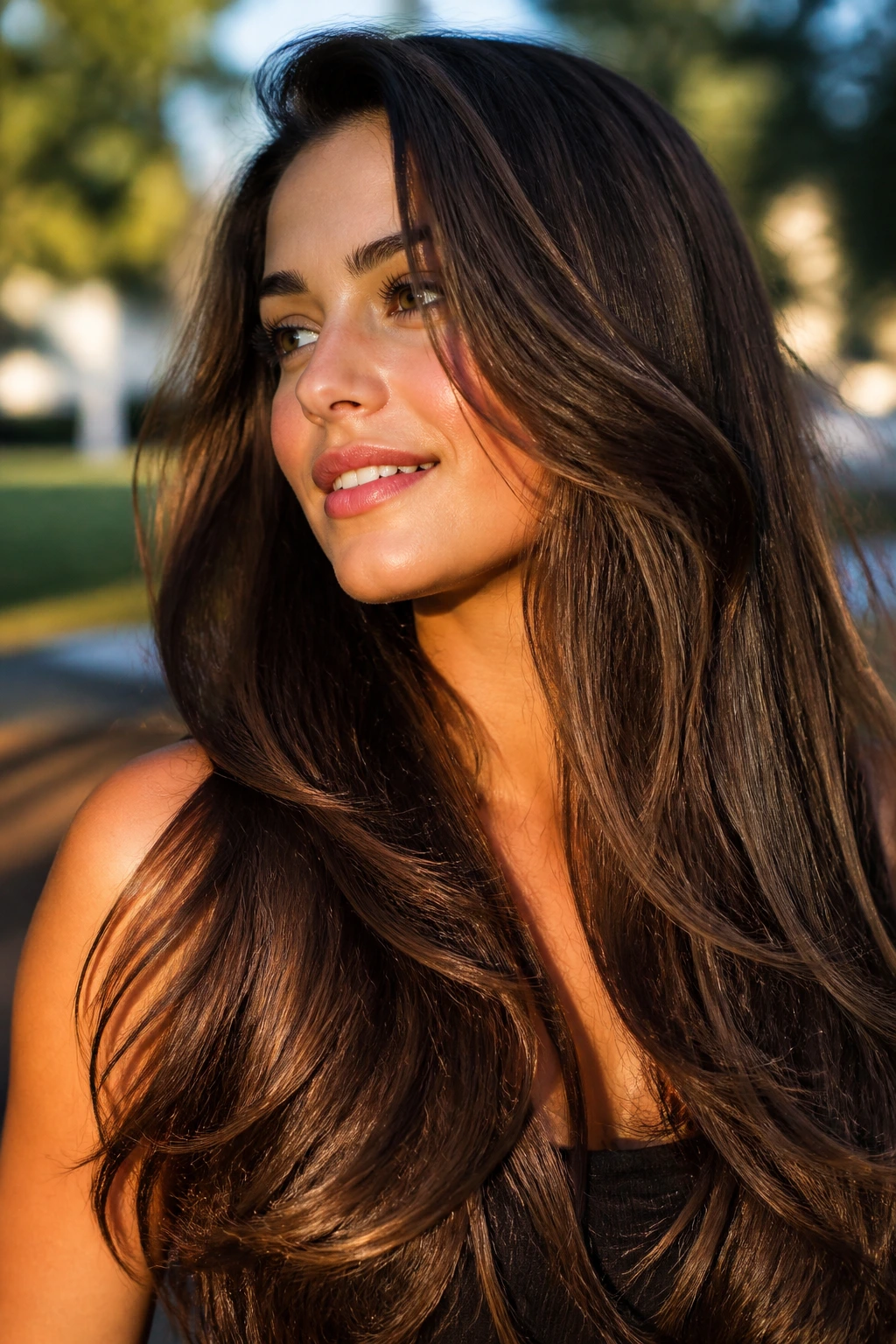 Portrait of a real woman with long thick brunette hair illuminated by golden hour sunlight