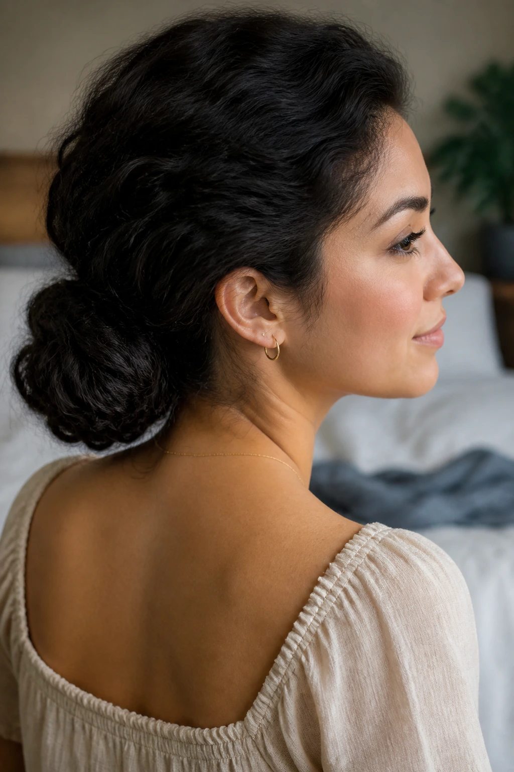 Close-up portrait of a real woman with thick hair styled into a low bun at the nape