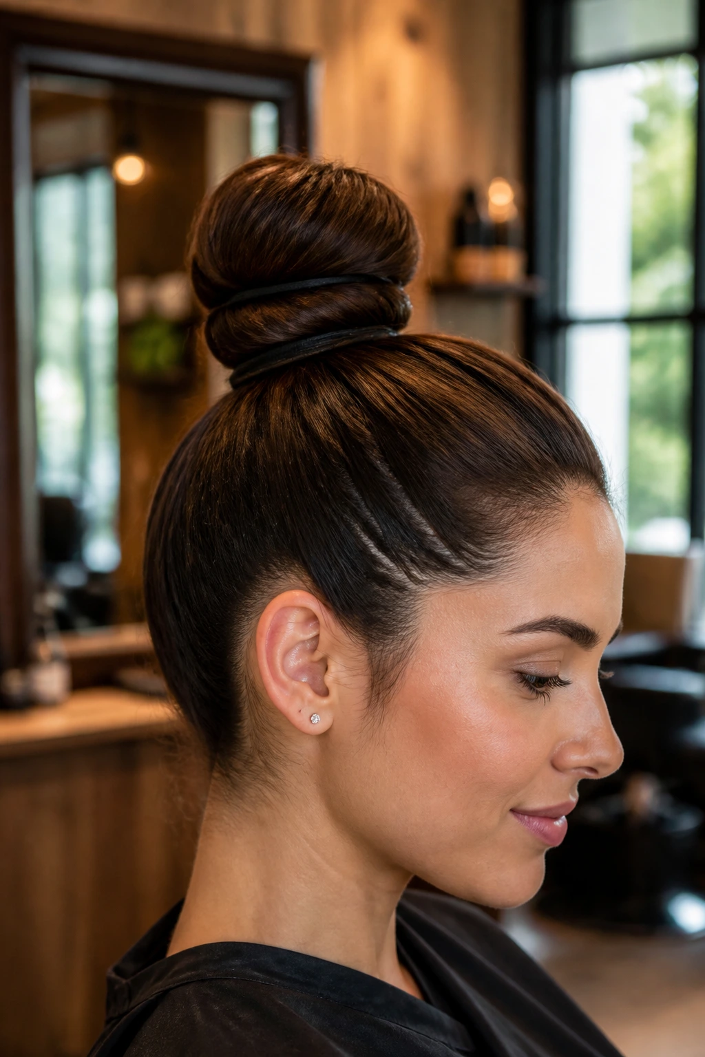 Close-up of a real woman with a Thick-Hair Anchor Bun in a salon setting.
