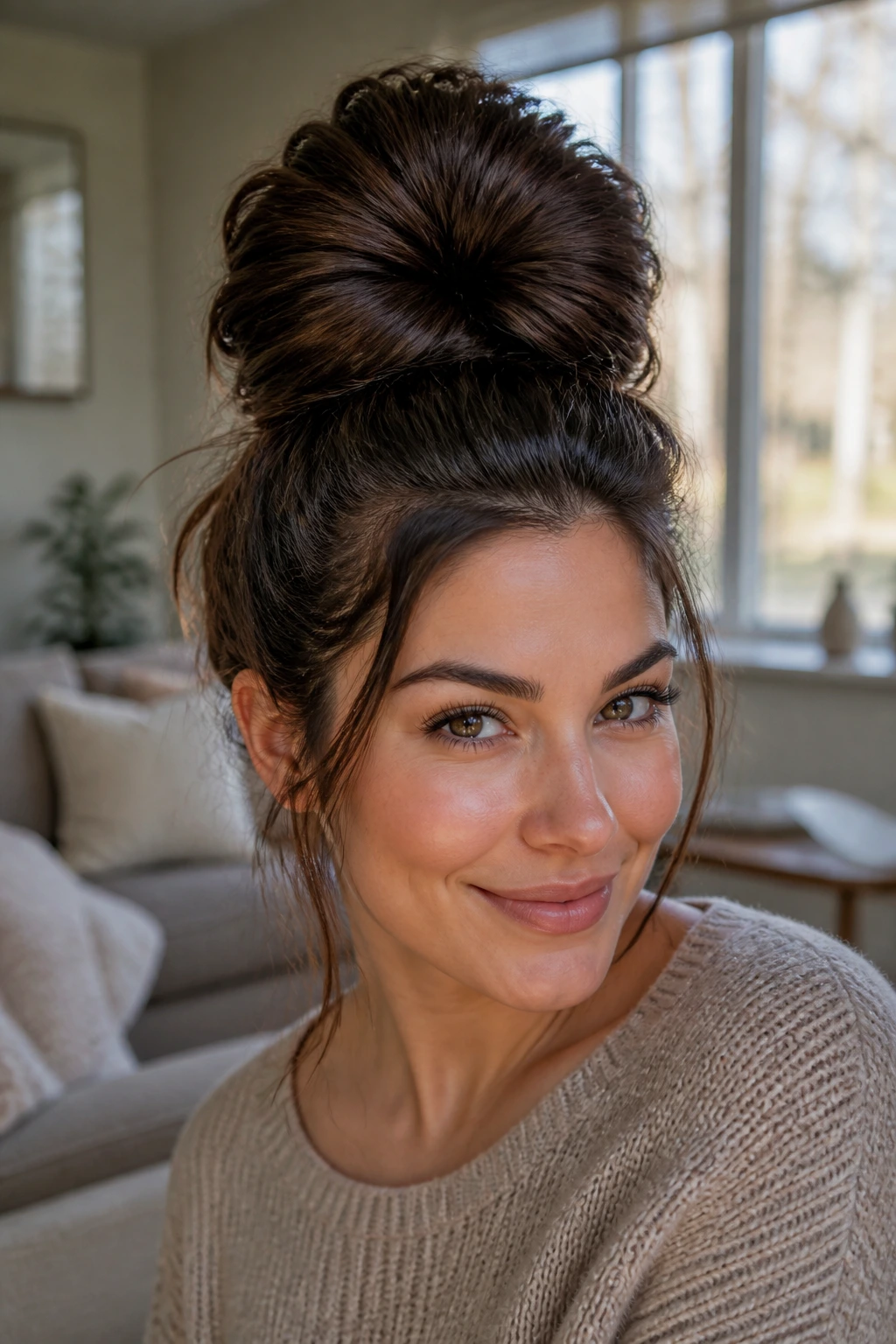 Close-up of a real person wearing a large structured bun for thick hair