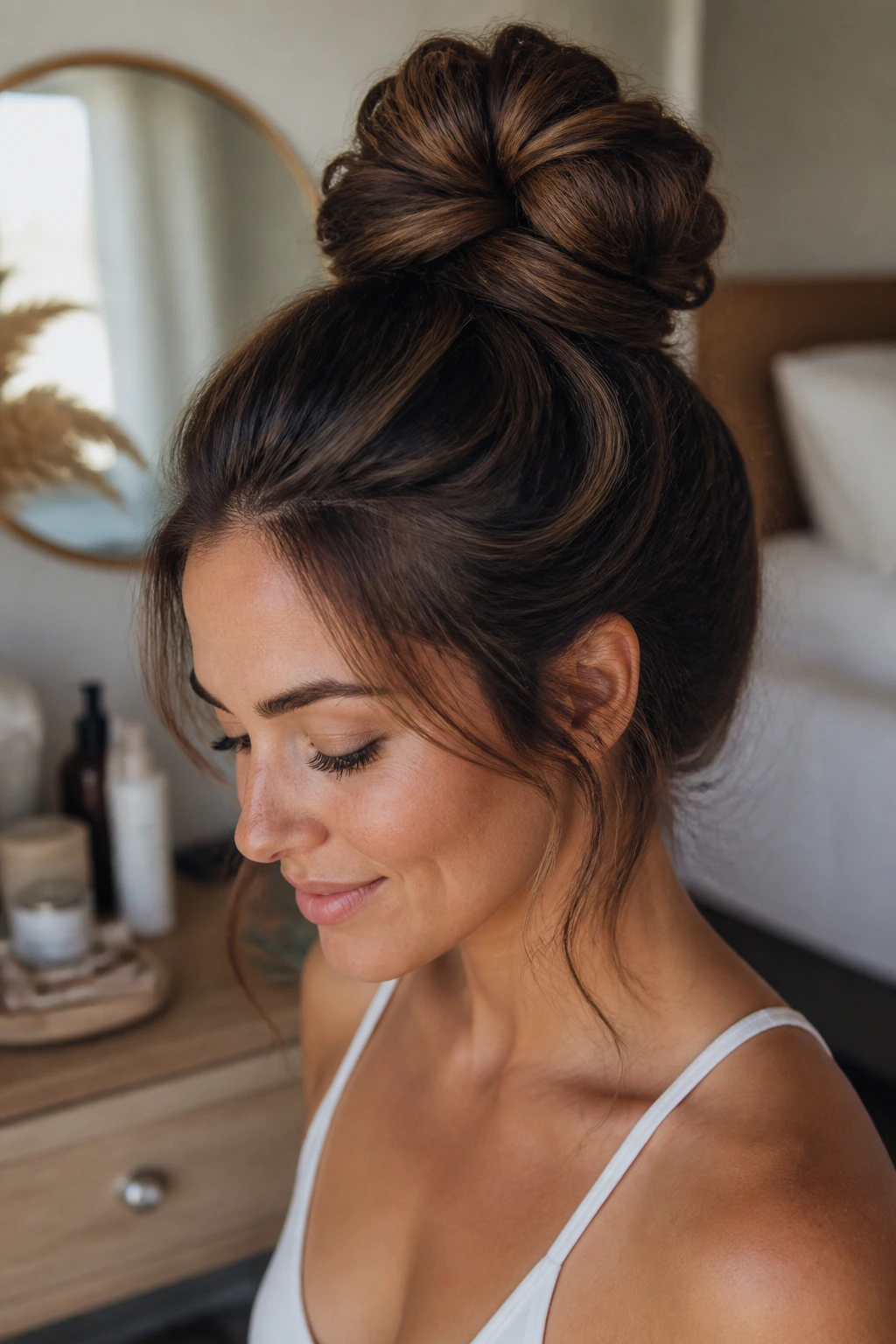 Close-up of a real woman with a thick bun, showcasing durable bun styles for thick hair.