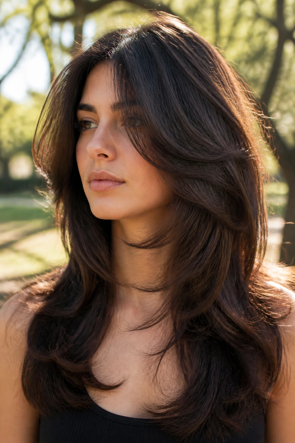 Close-up of thick-hair butterfly haircut with weight removal on real person