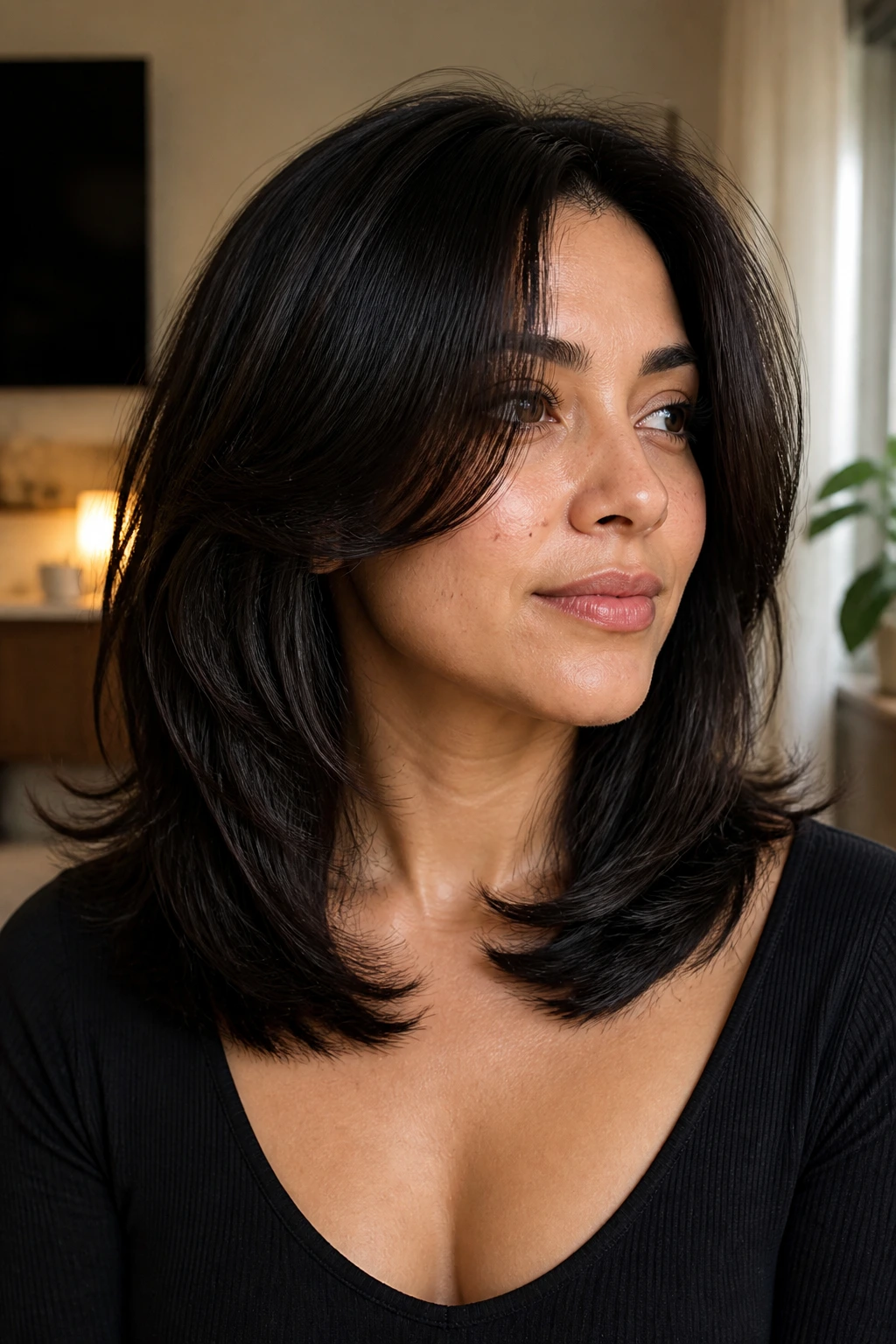Close-up of a real woman with thick butterfly cut showing hidden debulking under soft light