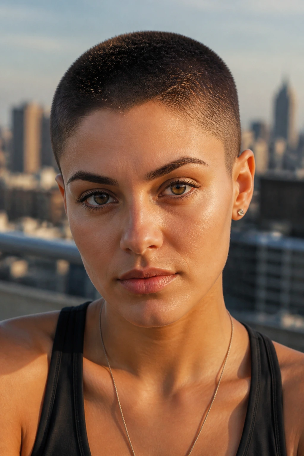 Close-up of a real person with a thick buzz cut showing dense, cropped hair and a tapered sides