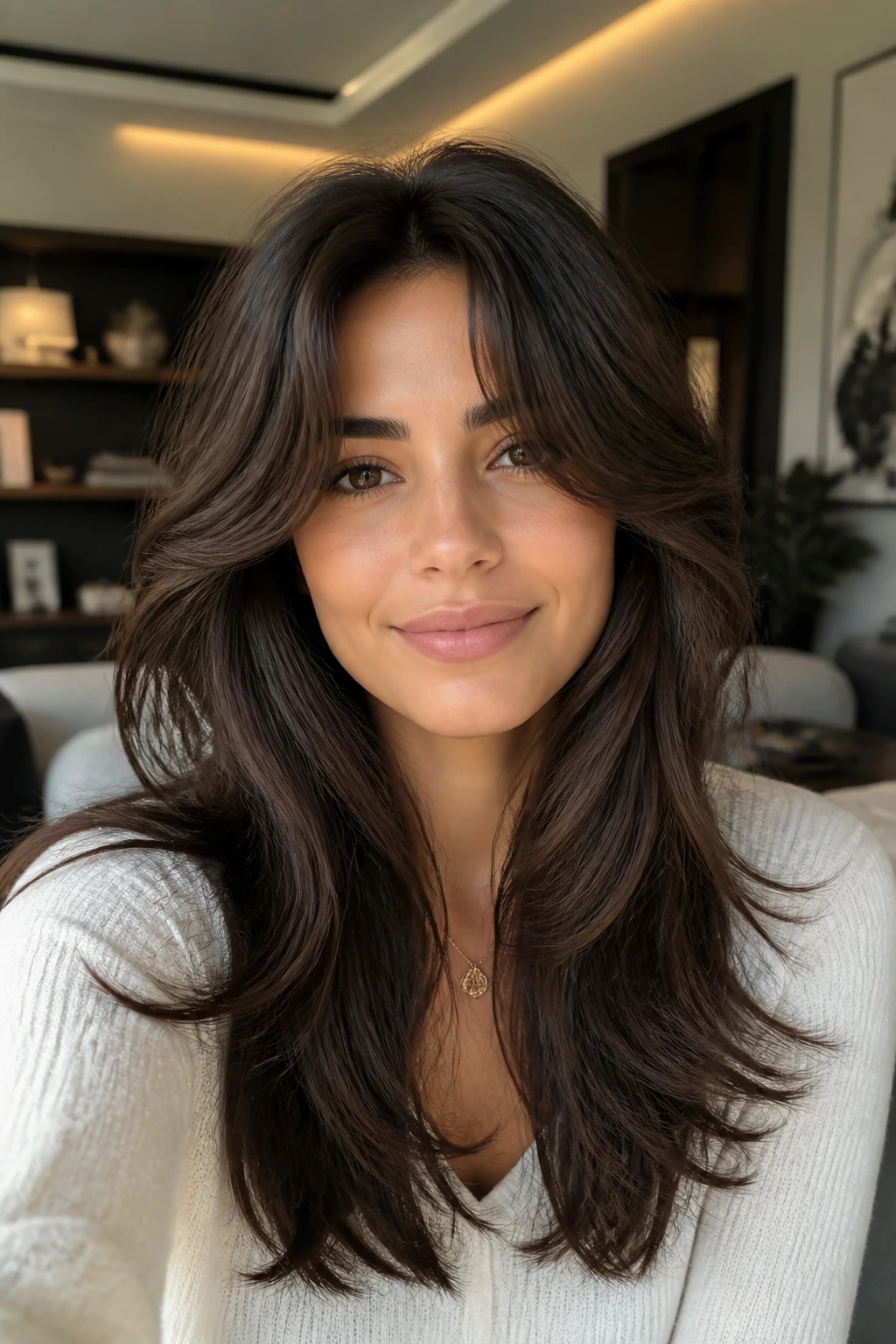 Close-up portrait of a real woman with thick-hair carved curtain bangs