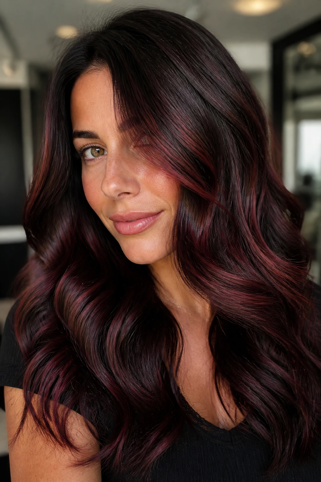 Long thick hair in cherry cola waves with espresso base and cherry highlights.