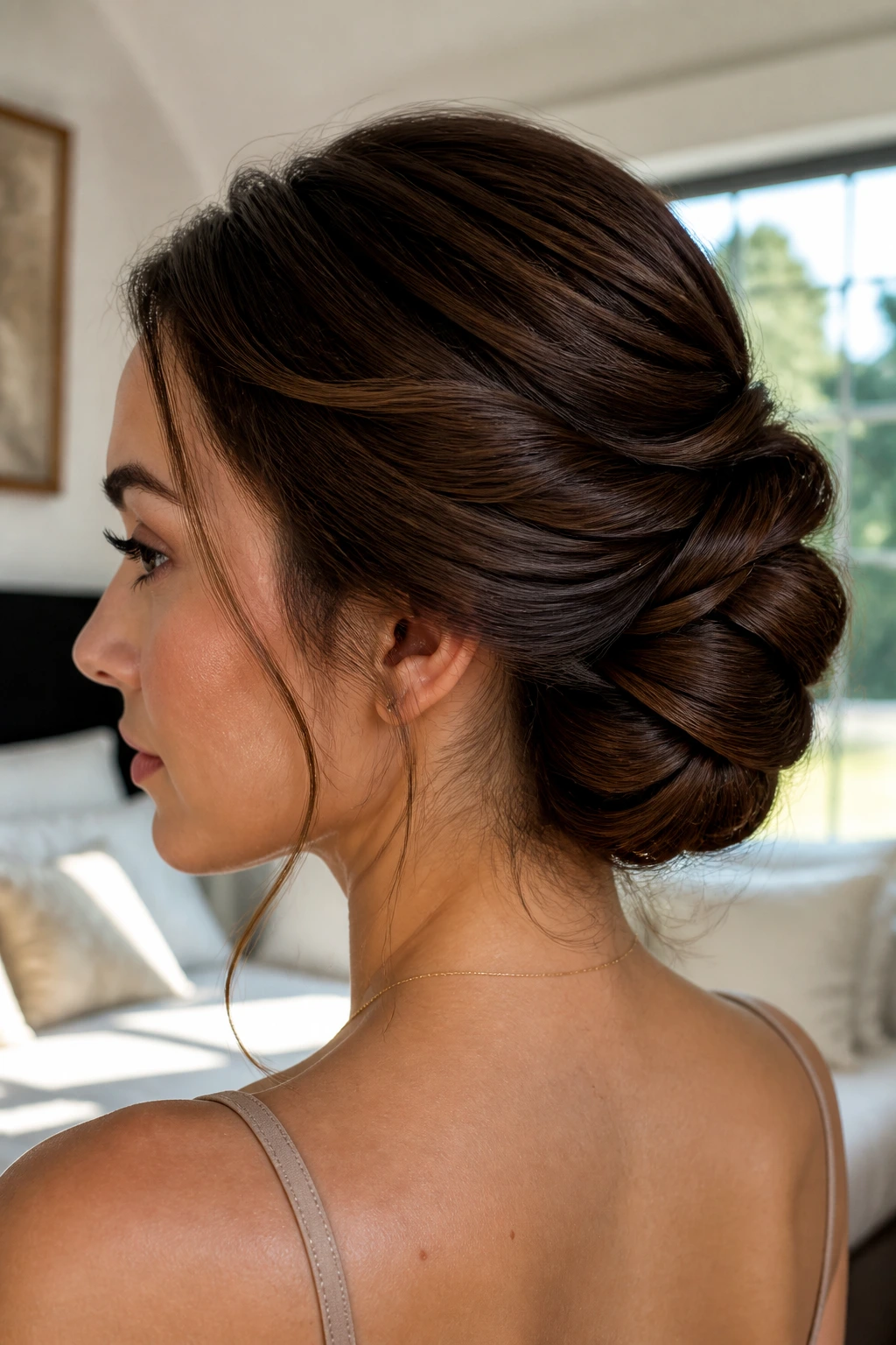 Close-up of a real woman with a thick-hair chignon at the nape