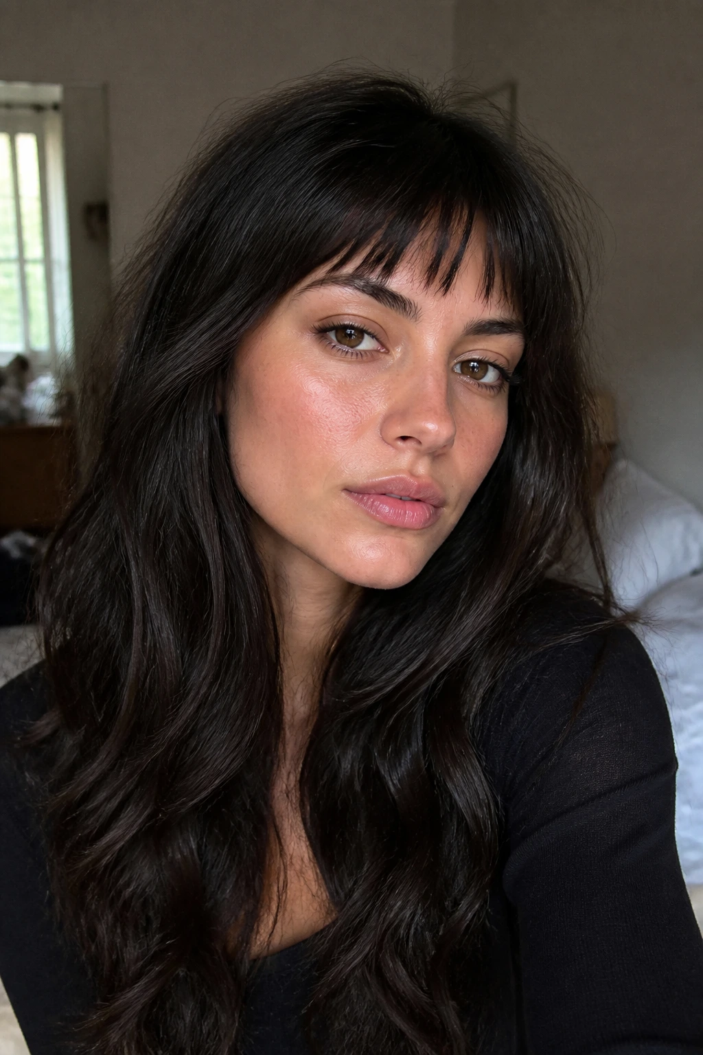 Real woman with thick hair and airy choppy bangs, close-up in soft window light