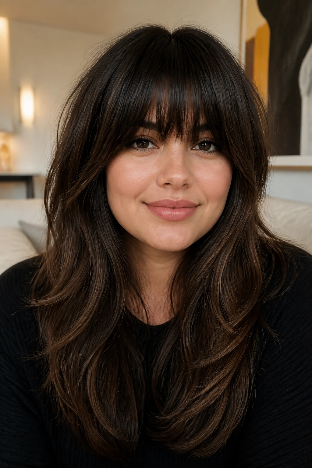 Close-up portrait of a thick-haired woman with choppy bangs and light layers