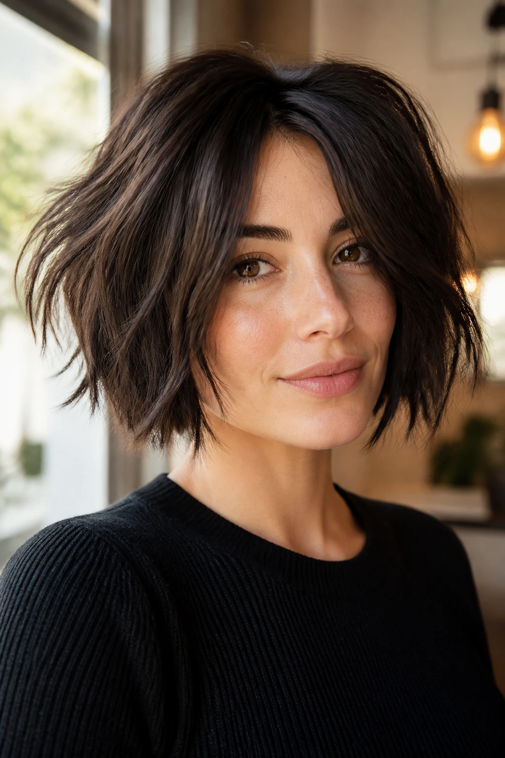 Portrait of a woman with thick hair styled in a choppy bob, showing texture and movement.