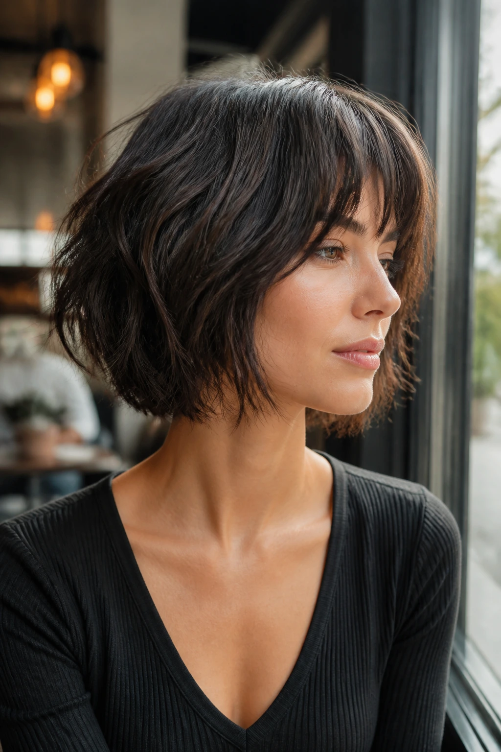 Real person with thick choppy bob showing interior texture in daylight.