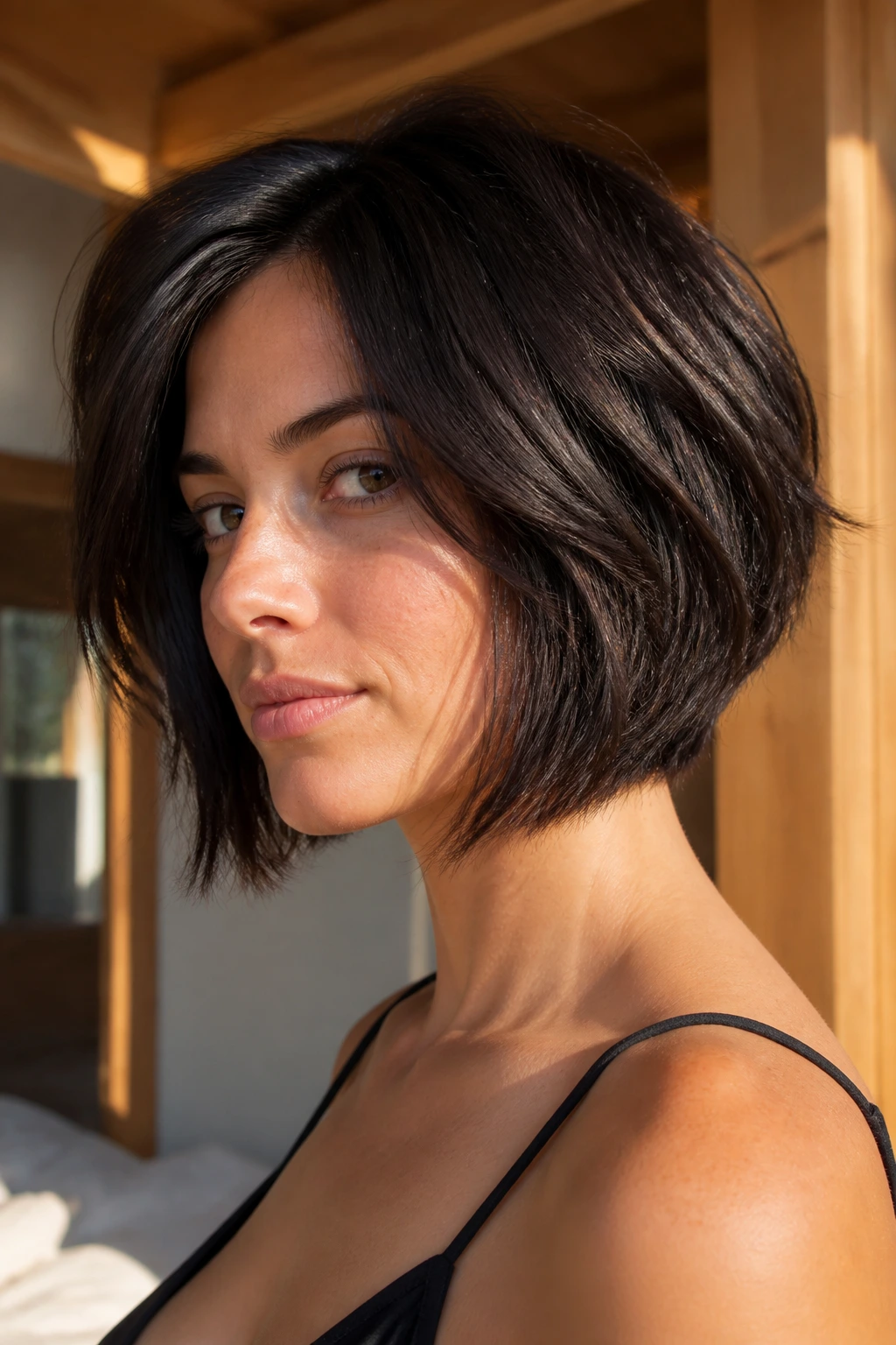 Portrait of a person with a thick-hair choppy bob and bulk removed