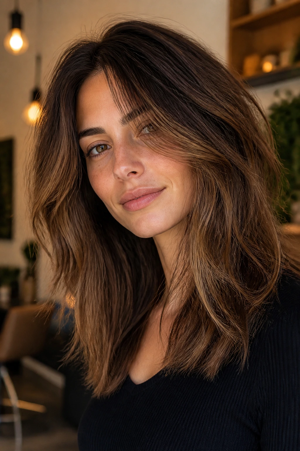 Real woman with thick hair showing choppy midlength layers