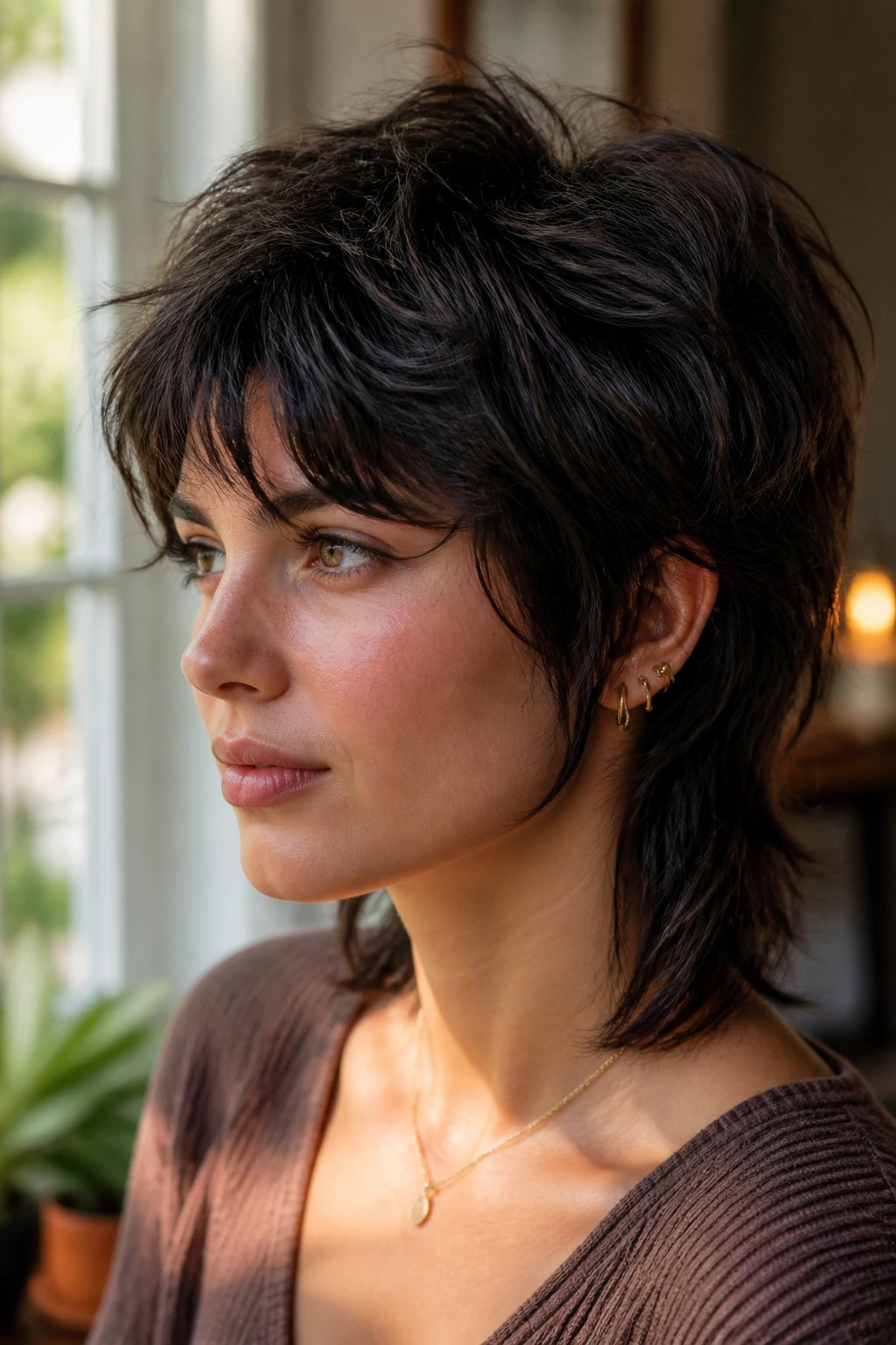 Close-up portrait showing thick hair styled to illustrate the collection's principles with crown lift.