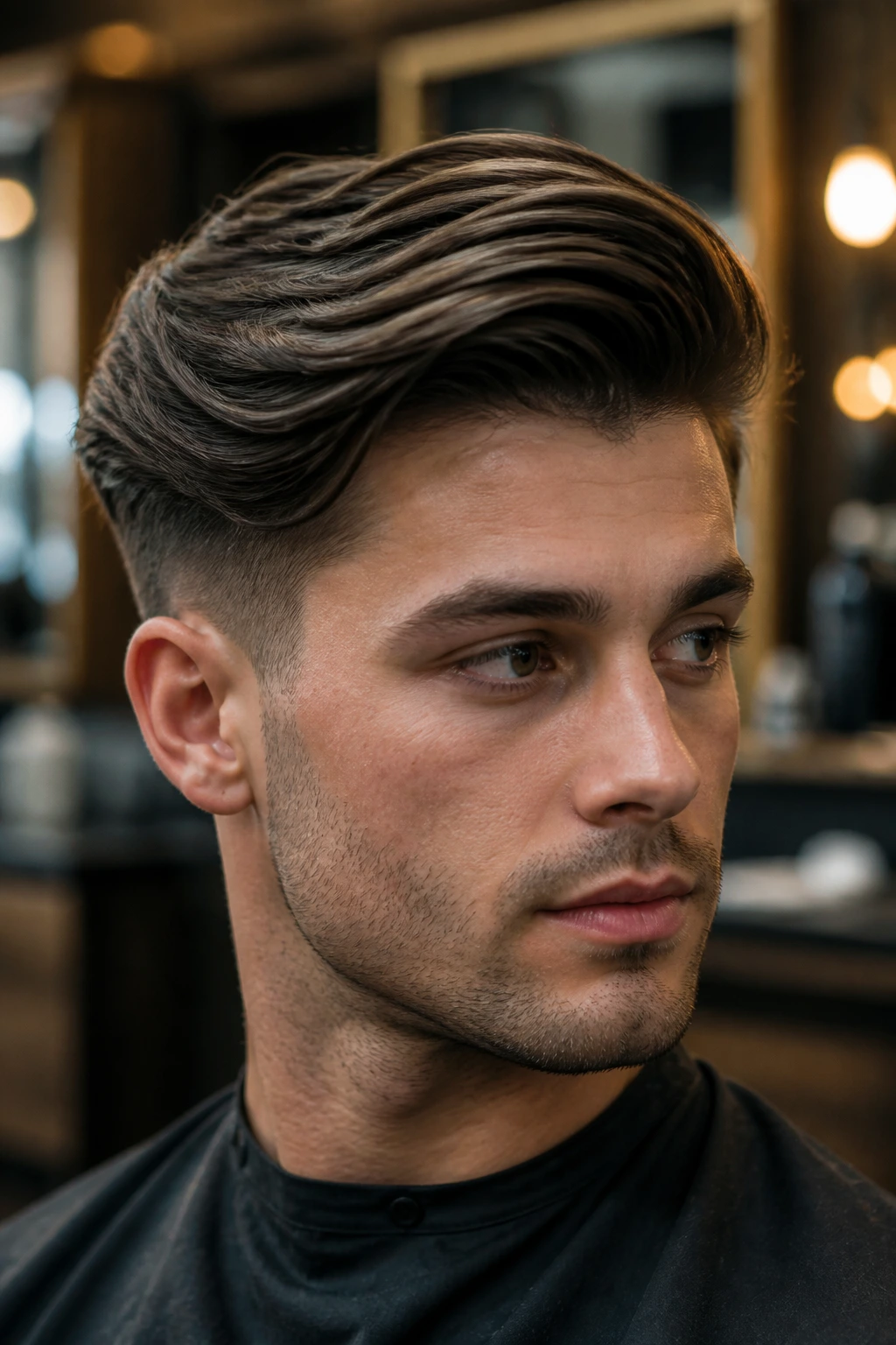 Close-up portrait of a man with a thick textured comb-over hairstyle