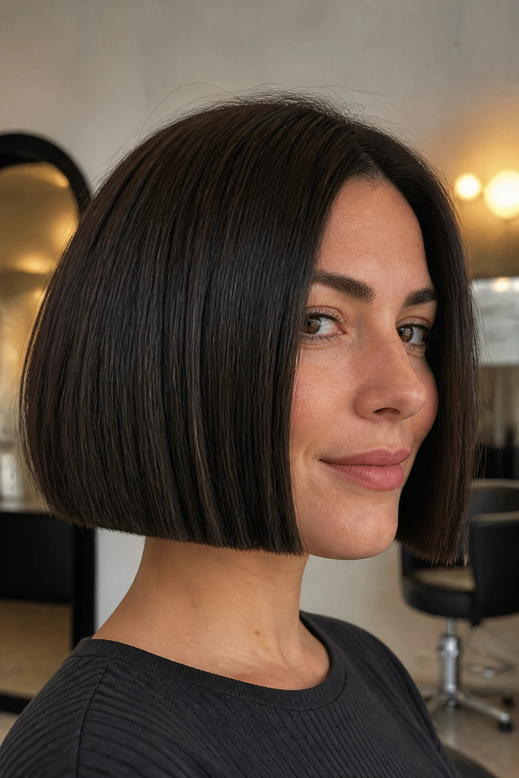Close-up portrait of a real woman with a thick-hair controlled bob in a modern salon.