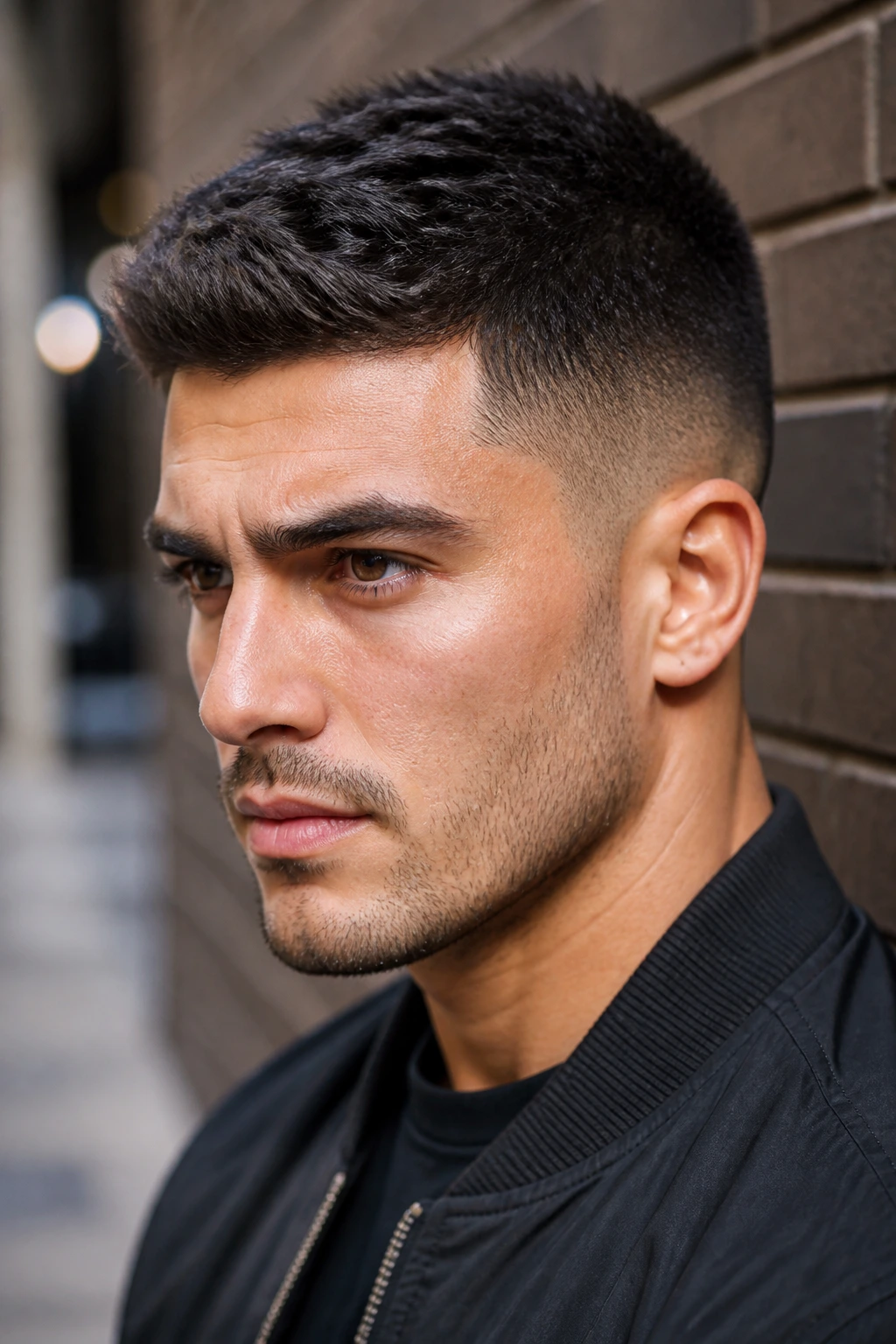 Close-up of a man with thick-hair crew cut showing textured top and tapered sides.