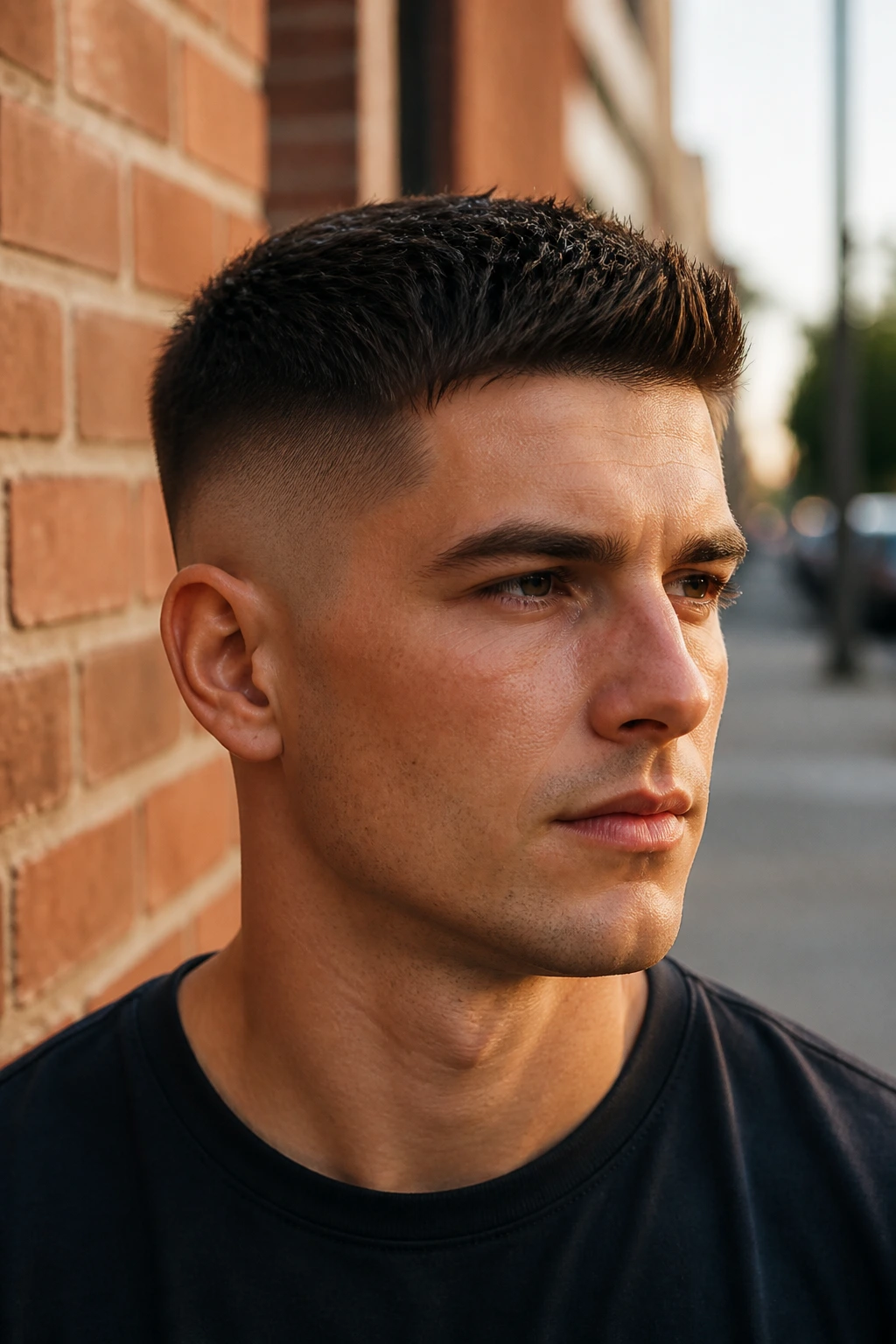 Close-up portrait of a man with thick-hair crew cut against brick wall