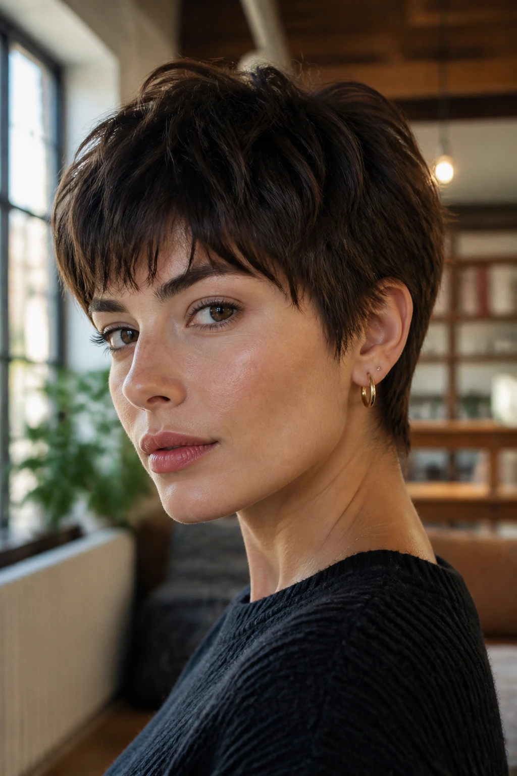 Portrait of a woman with a thick-hair layered crop showing controlled bulk