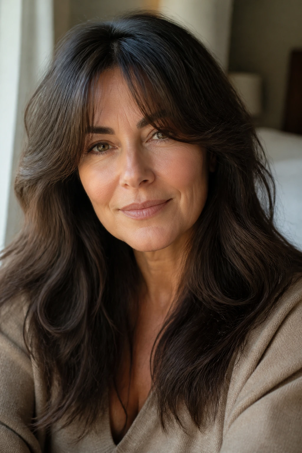 Close-up of a real woman with thick hair and razor-soft curtain bangs in warm bedroom window light
