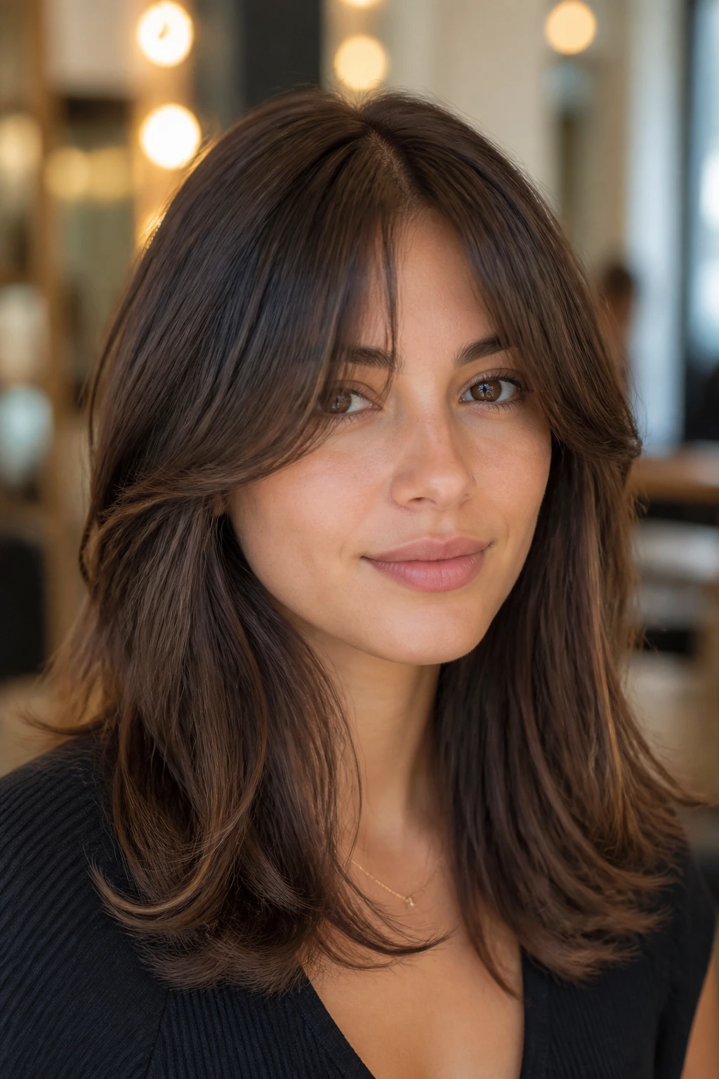 Close-up portrait of a real woman with thick-hair de-bulked curtain bangs in a chic salon