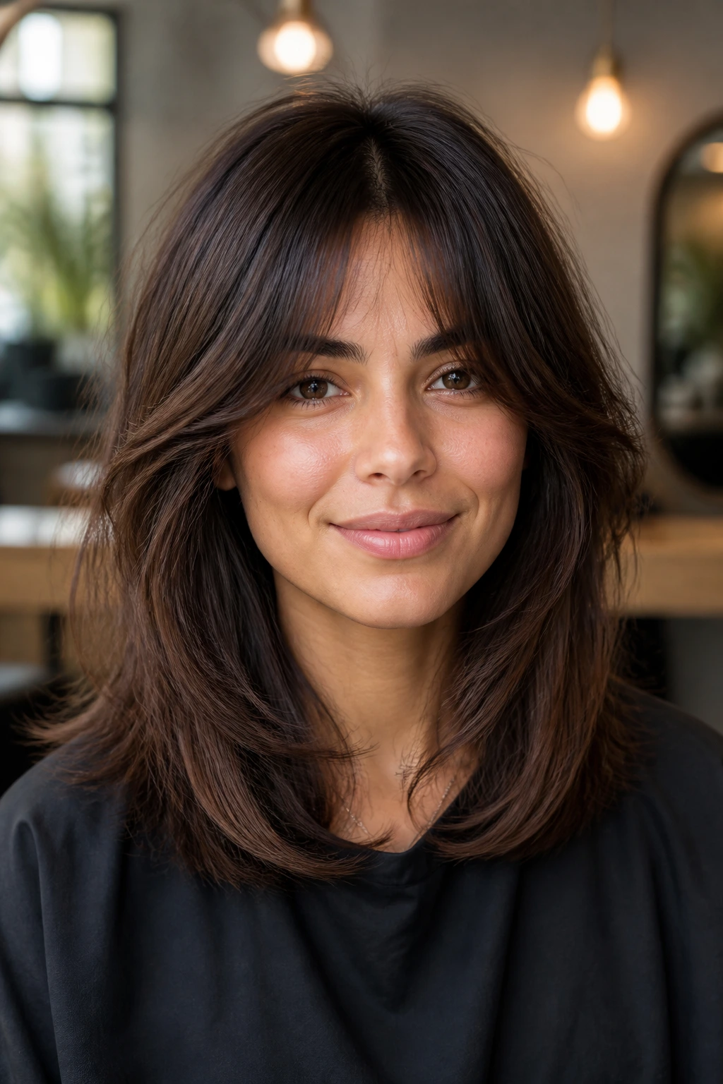 Close-up of a real woman with thick curtain bangs under warm window light