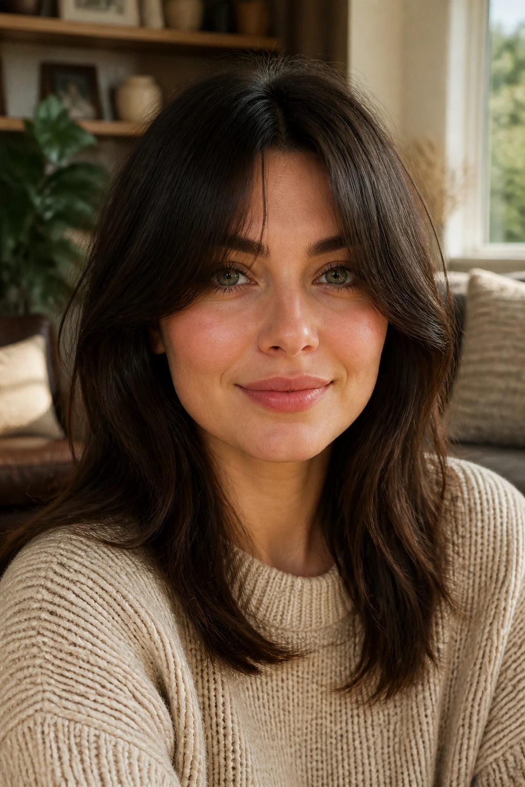 Real person with thick-hair curtain fringe close-up