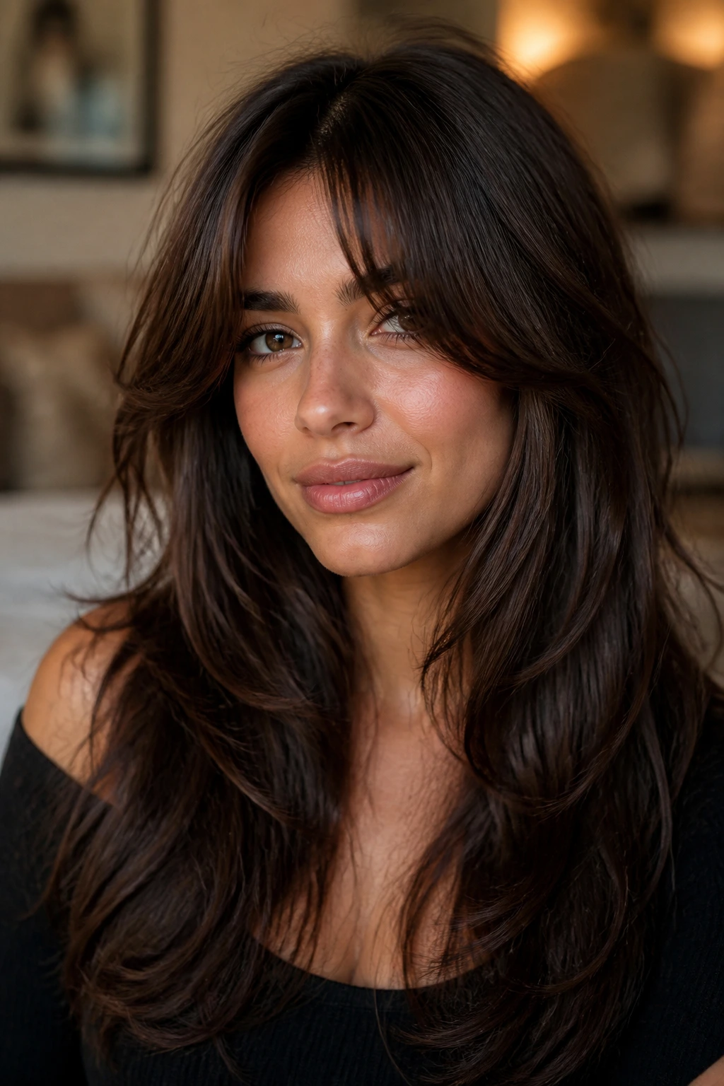 Portrait of a person with thick hair and full curtain fringe