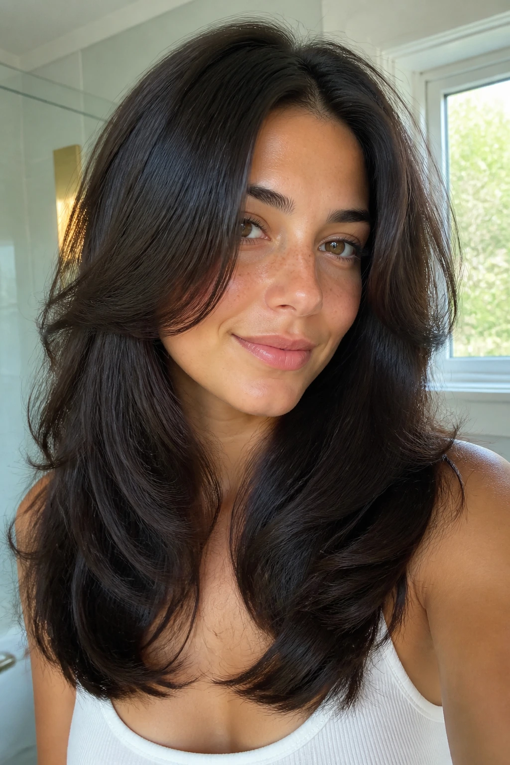 Portrait of a real person with thick-hair internal curve hairstyle framing the face.