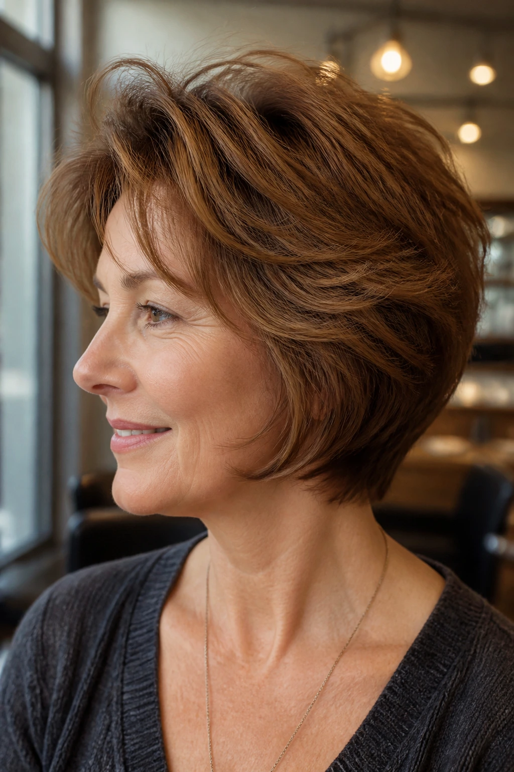 Close-up portrait of a real woman with thick hair showing layered crown and tapered nape in a warm salon